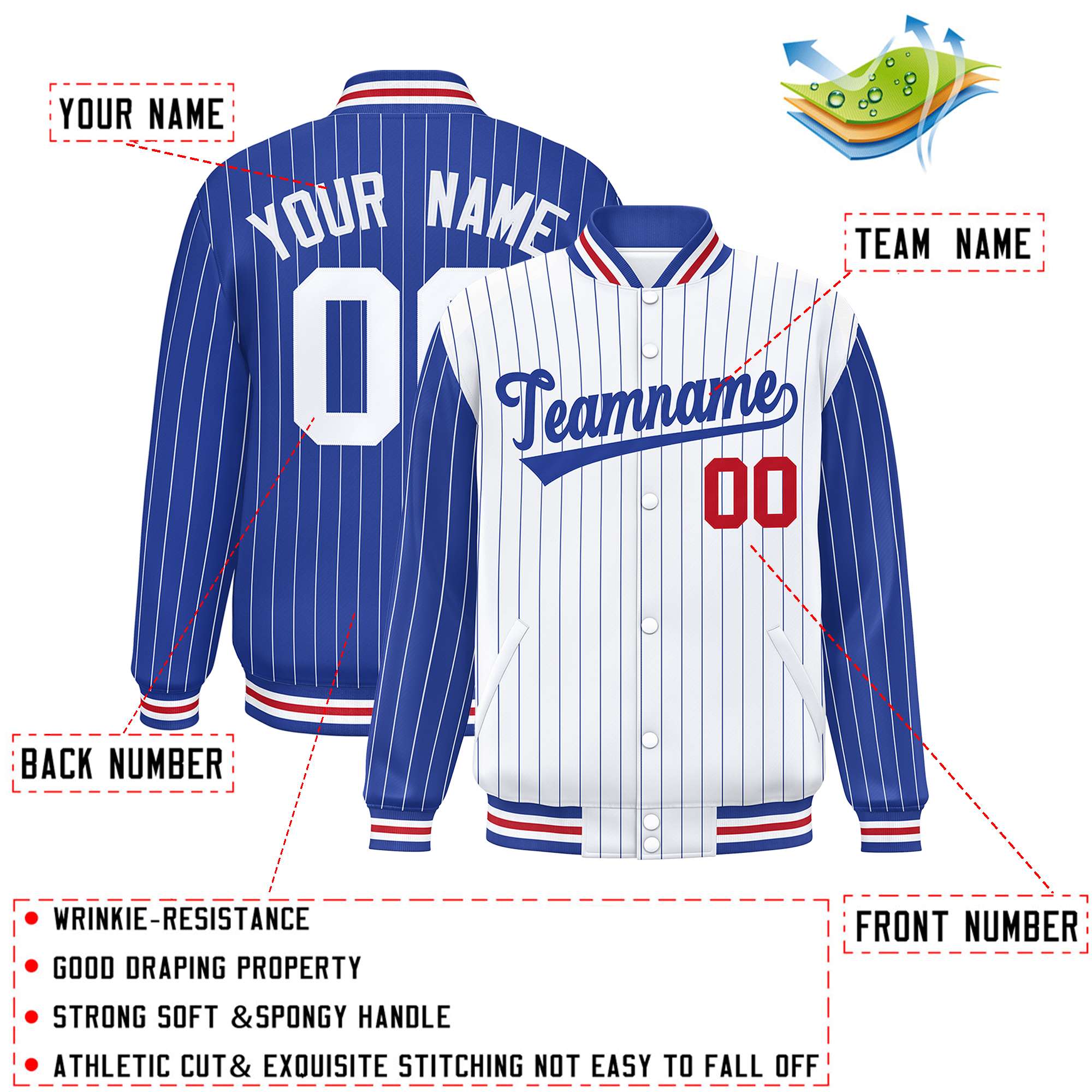 Custom White Royal Raglan Sleeves Varsity Full-Snap Pinstripe Letterman Baseball Jacket