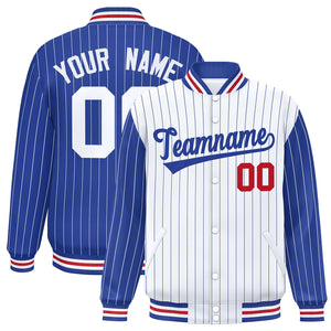 Custom White Royal Raglan Sleeves Varsity Full-Snap Pinstripe Letterman Baseball Jacket