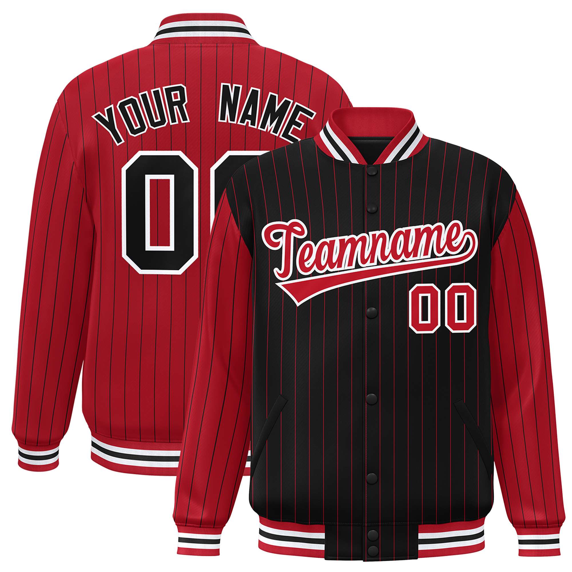 Custom Black Red Raglan Sleeves Varsity Full-Snap Pinstripe Letterman Baseball Jacket