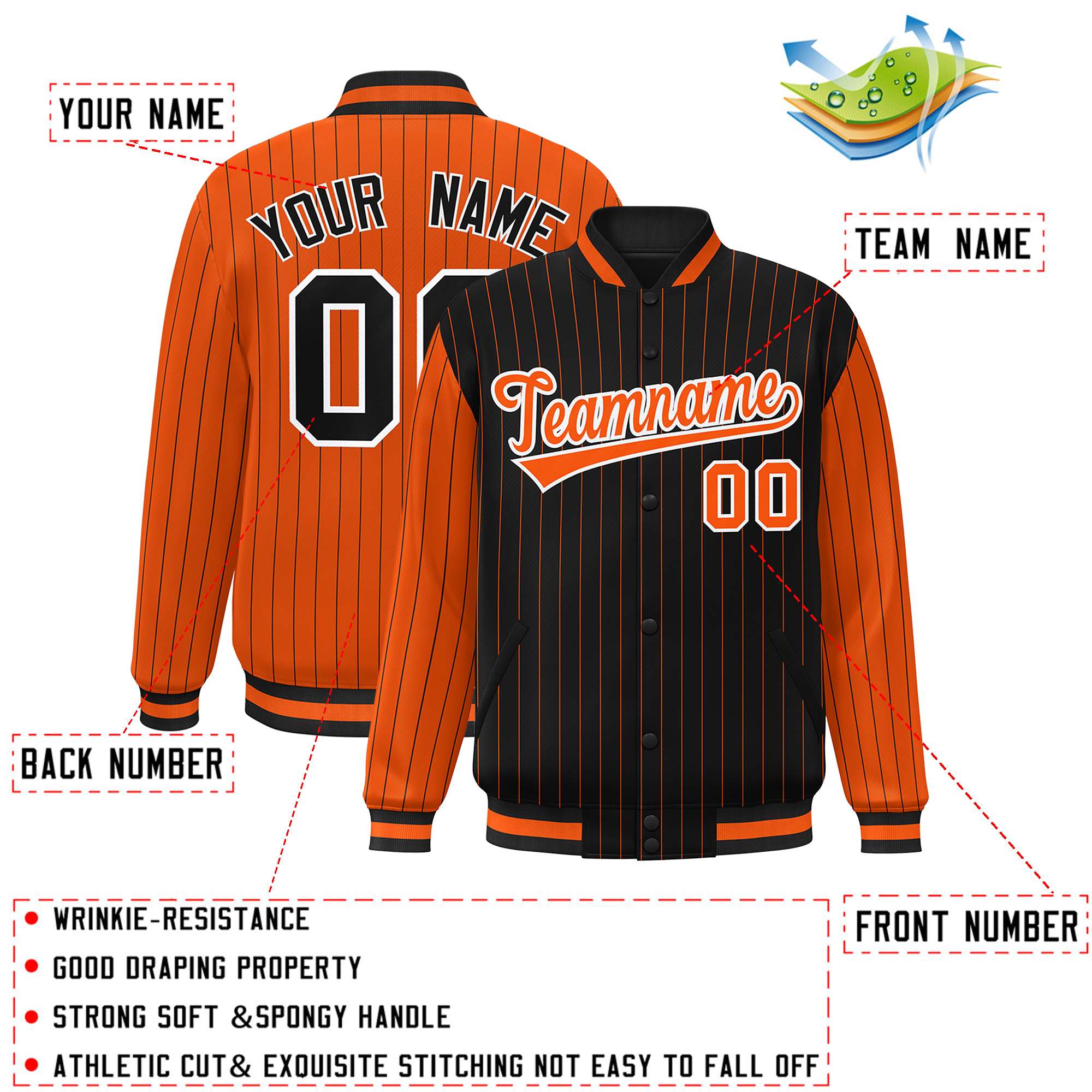 Custom Black Orange Raglan Sleeves Varsity Full-Snap Pinstripe Letterman Baseball Jacket