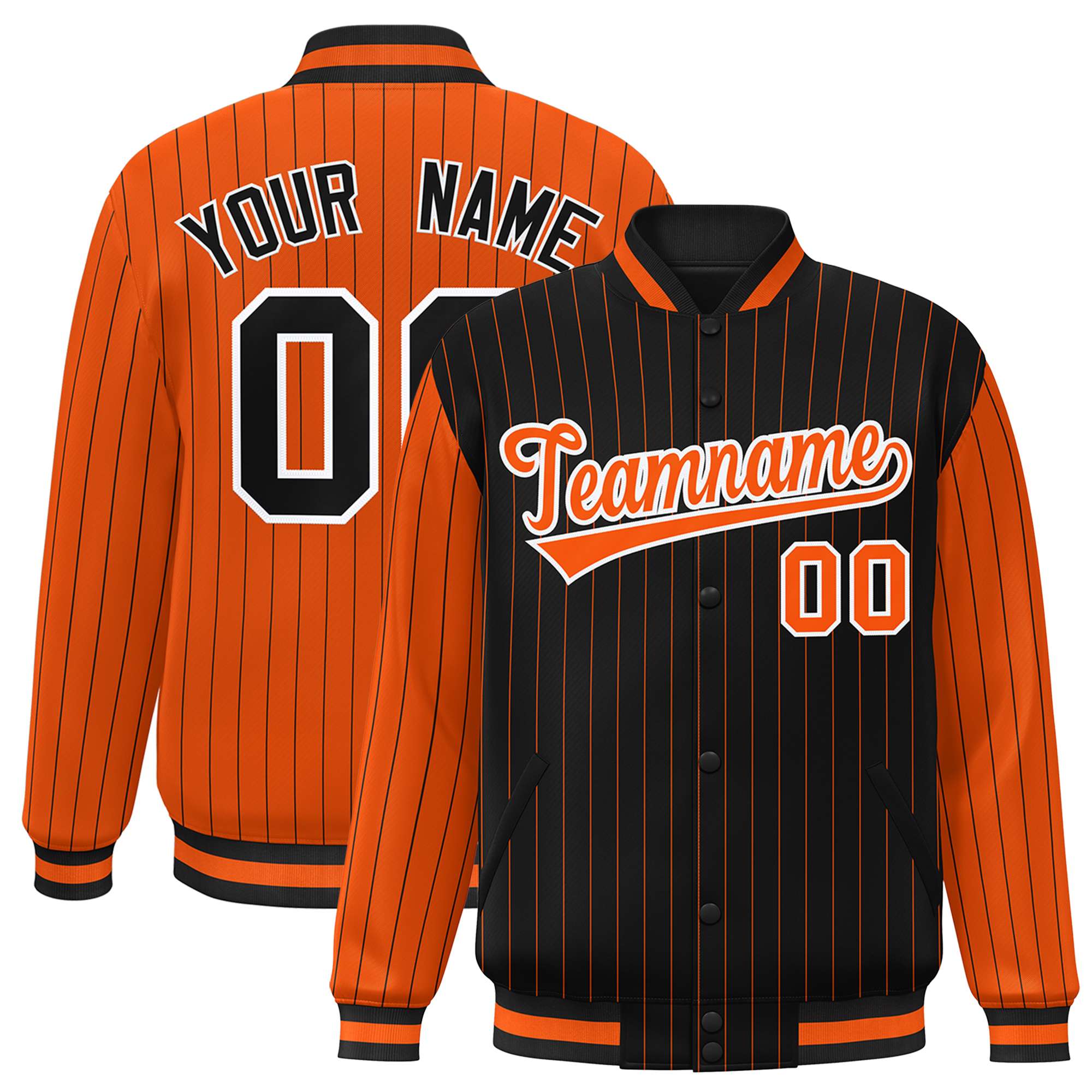 Custom Black Orange Raglan Sleeves Varsity Full-Snap Pinstripe Letterman Baseball Jacket