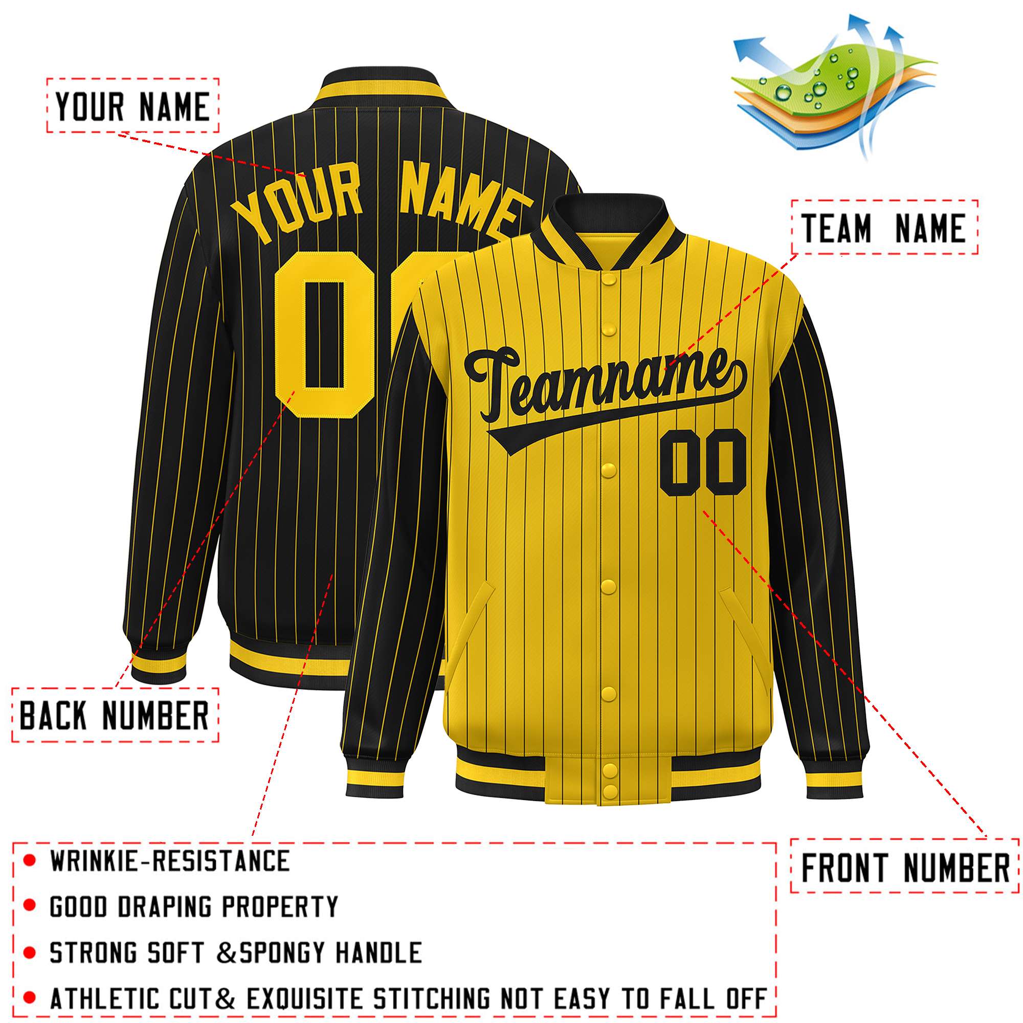 Custom Gold Black Raglan Sleeves Varsity Full-Snap Pinstripe Letterman Baseball Jacket