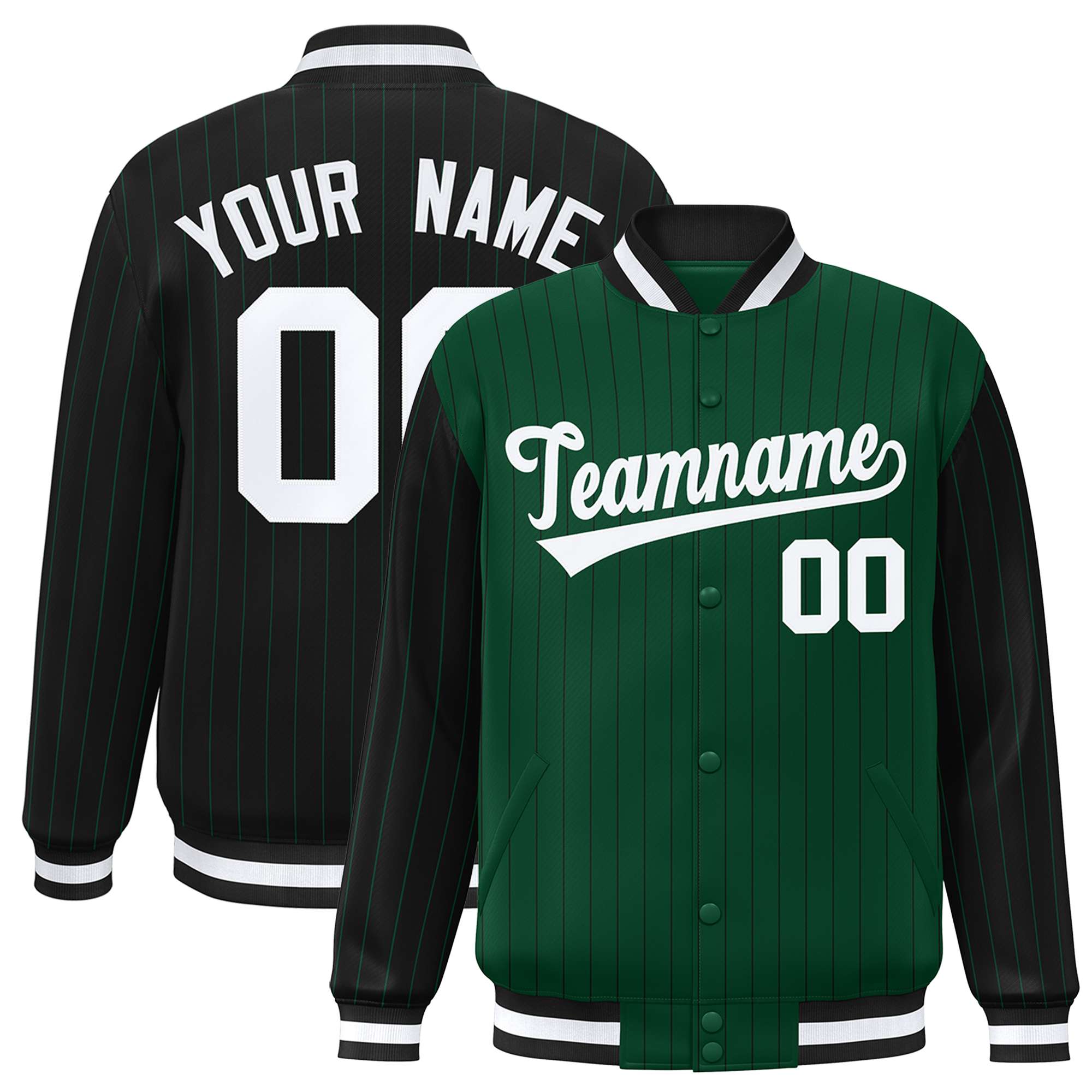 Custom Green Black Raglan Sleeves Varsity Full-Snap Pinstripe Letterman Baseball Jacket