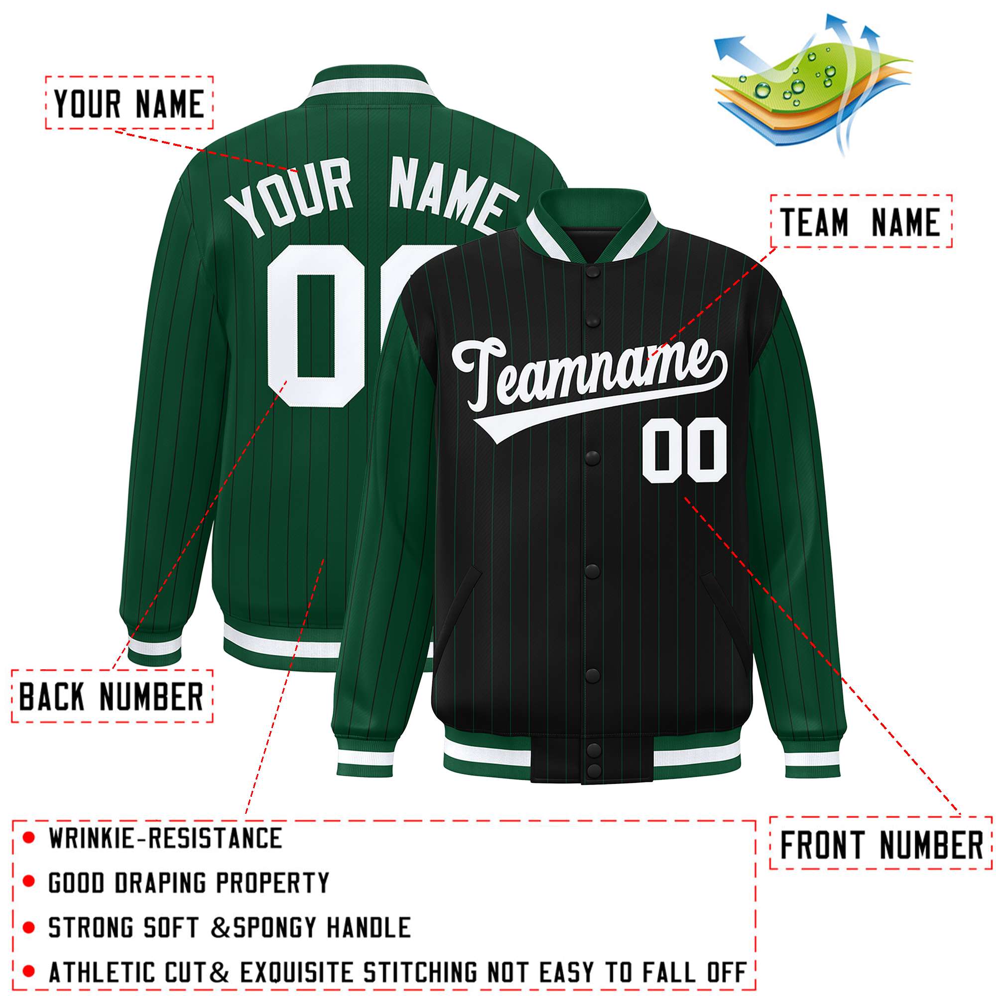 Custom Black Green Raglan Sleeves Varsity Full-Snap Pinstripe Letterman Baseball Jacket