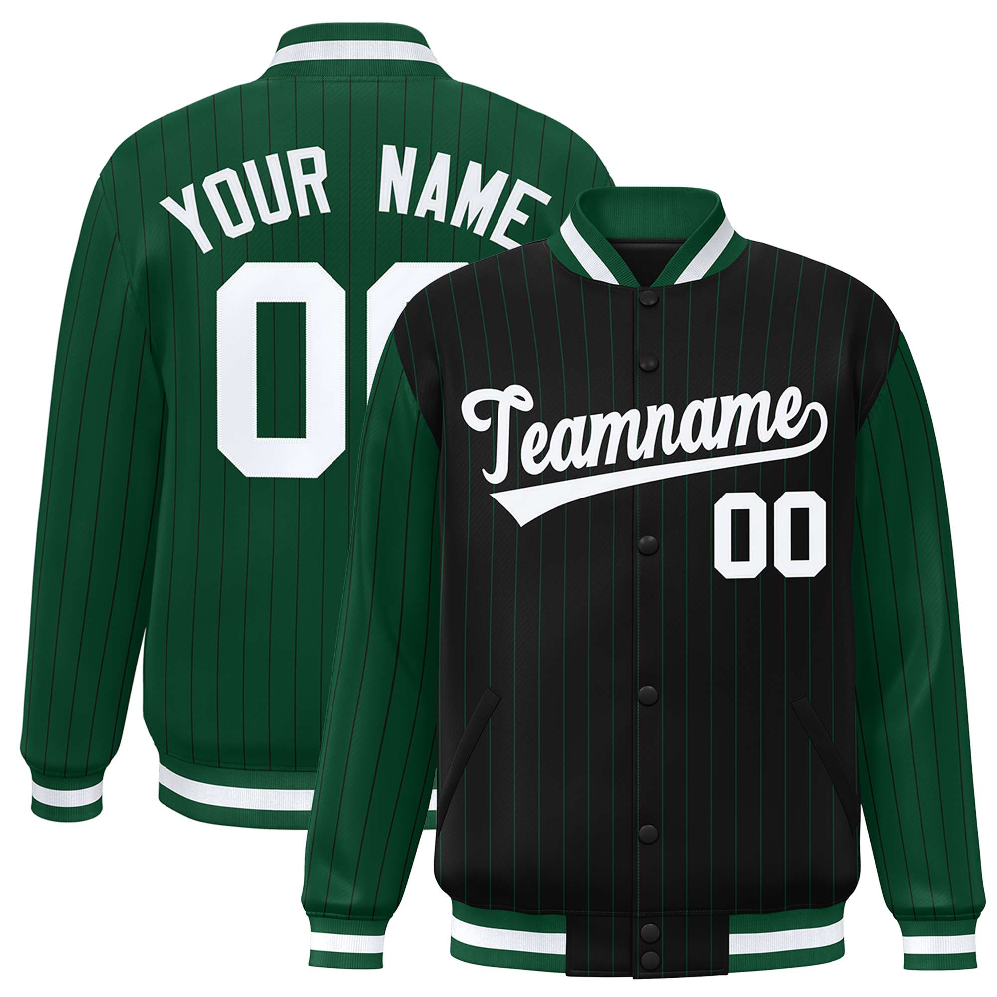 Custom Black Green Raglan Sleeves Varsity Full-Snap Pinstripe Letterman Baseball Jacket