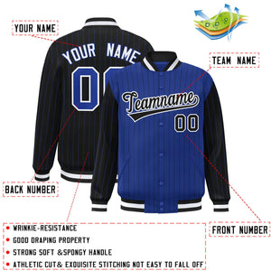 Custom Royal Black Raglan Sleeves Varsity Full-Snap Pinstripe Letterman Baseball Jacket