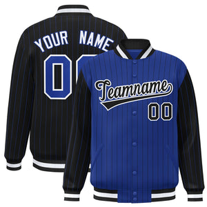 Custom Royal Black Raglan Sleeves Varsity Full-Snap Pinstripe Letterman Baseball Jacket