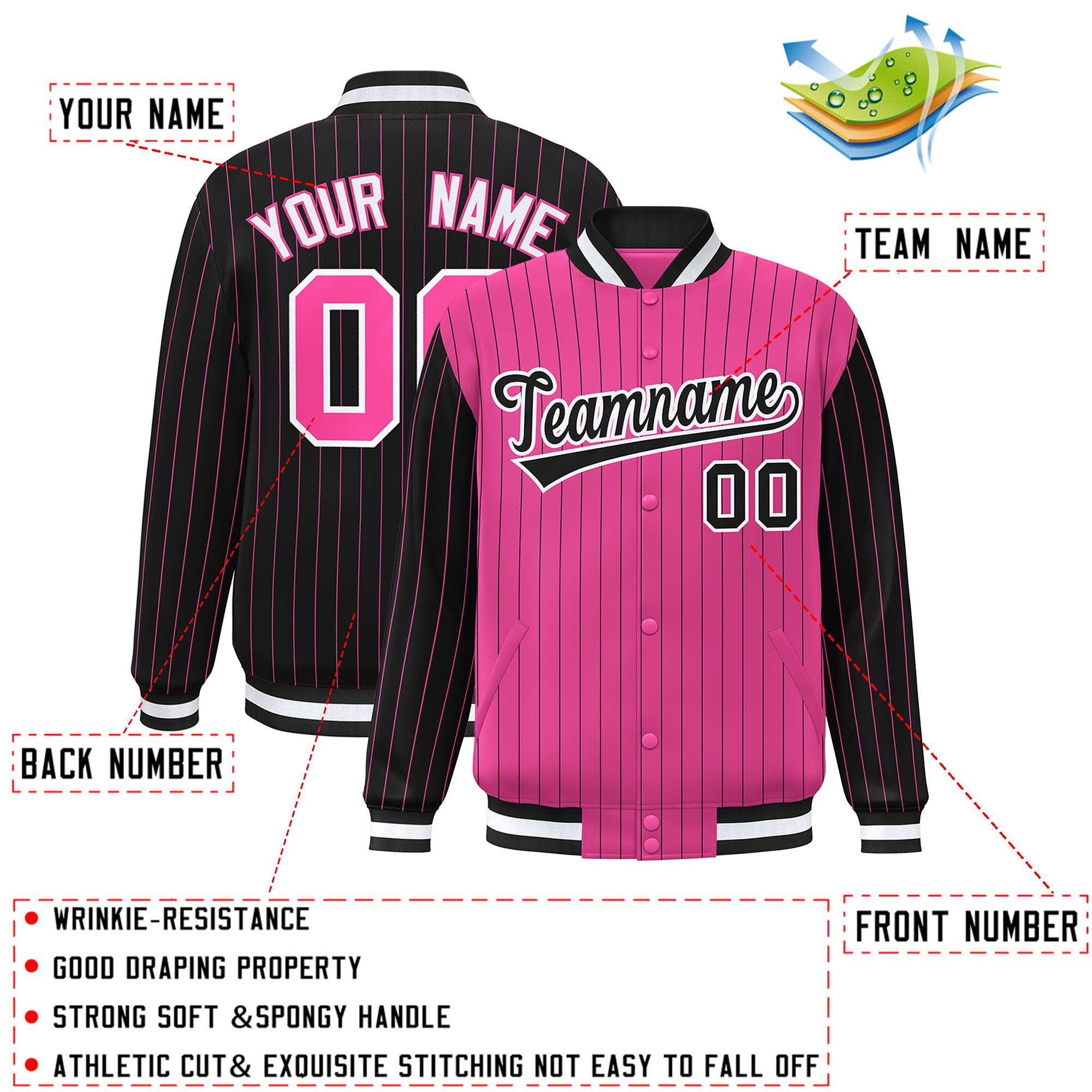 Custom Pink Black Raglan Sleeves Varsity Full-Snap Pinstripe Letterman Baseball Jacket