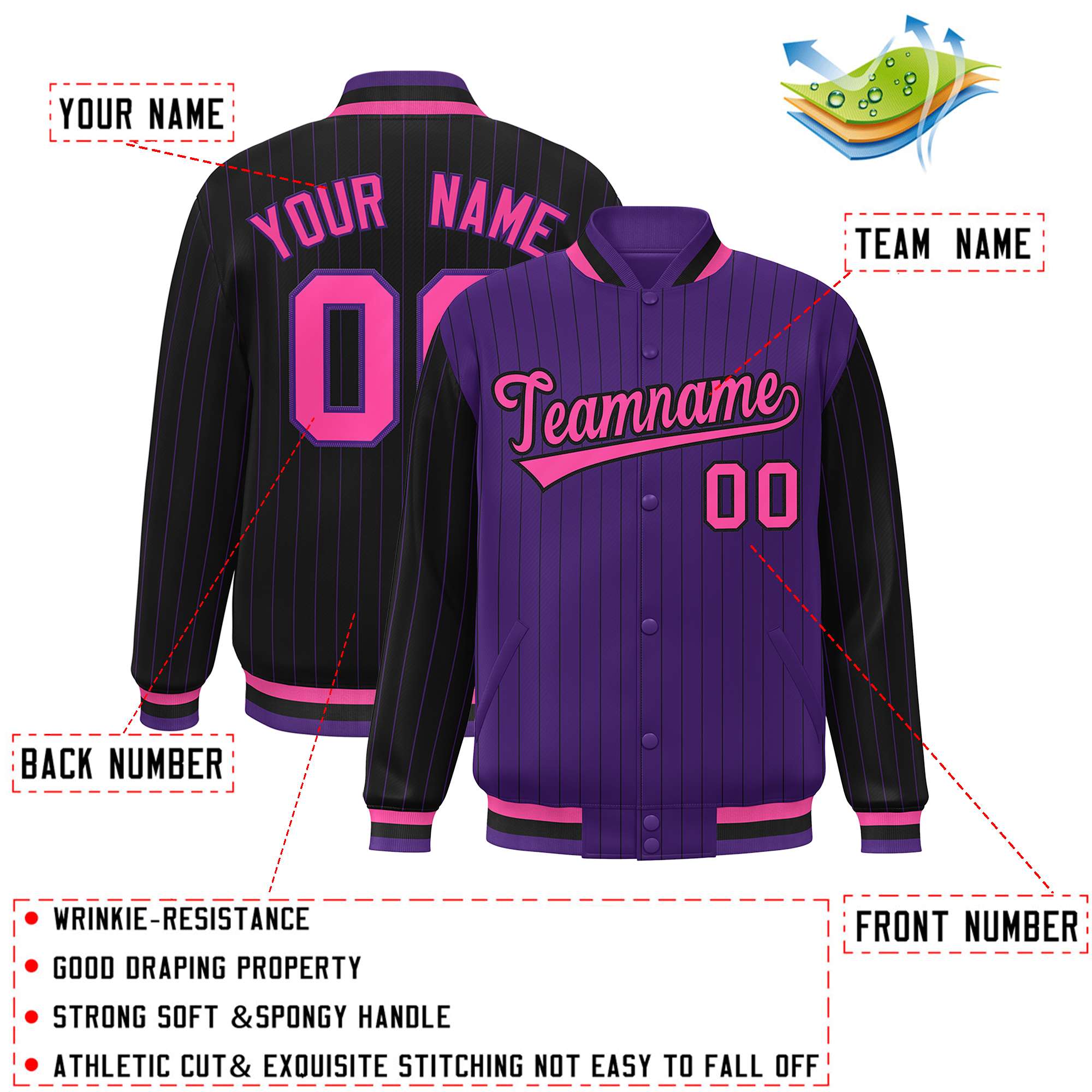 Custom Purple Black Raglan Sleeves Varsity Full-Snap Pinstripe Letterman Baseball Jacket