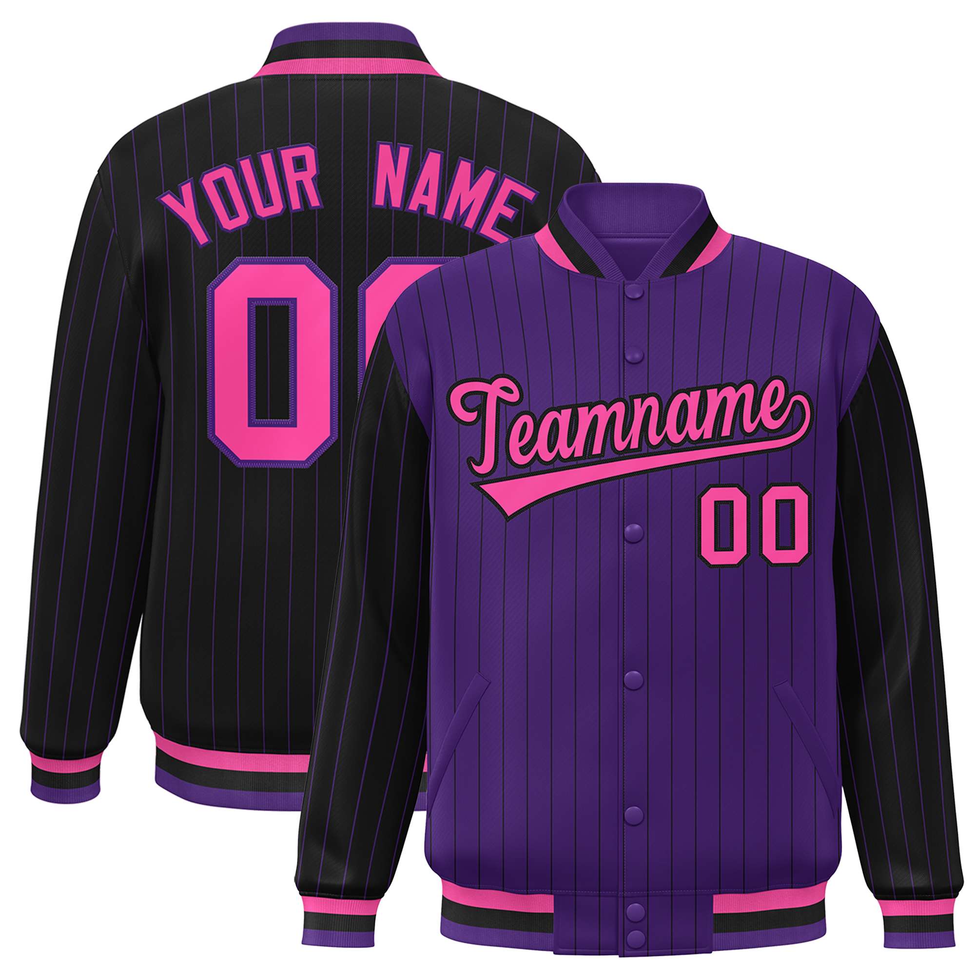 Custom Purple Black Raglan Sleeves Varsity Full-Snap Pinstripe Letterman Baseball Jacket