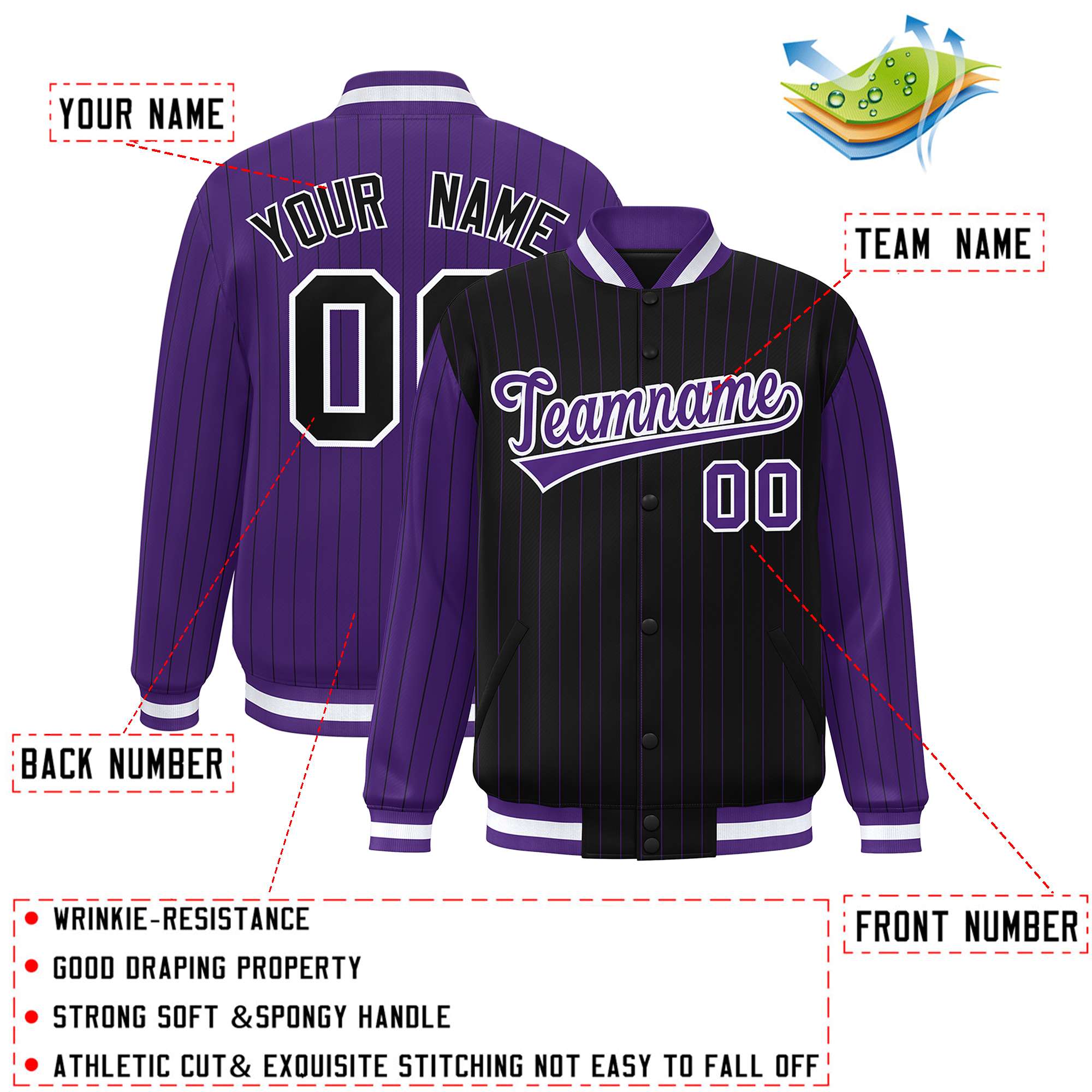 Custom Black Purple Raglan Sleeves Varsity Full-Snap Pinstripe Letterman Baseball Jacket