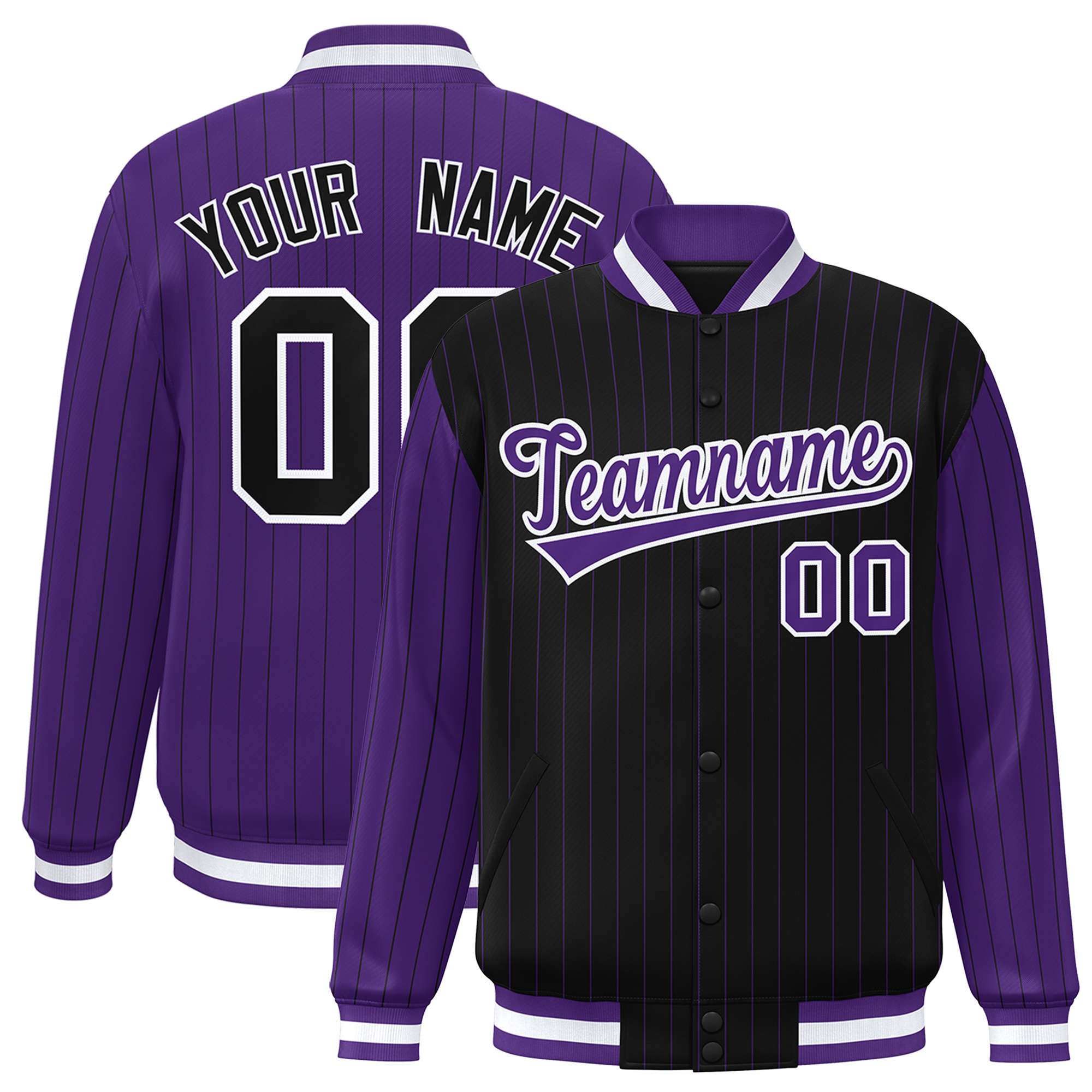 Custom Black Purple Raglan Sleeves Varsity Full-Snap Pinstripe Letterman Baseball Jacket