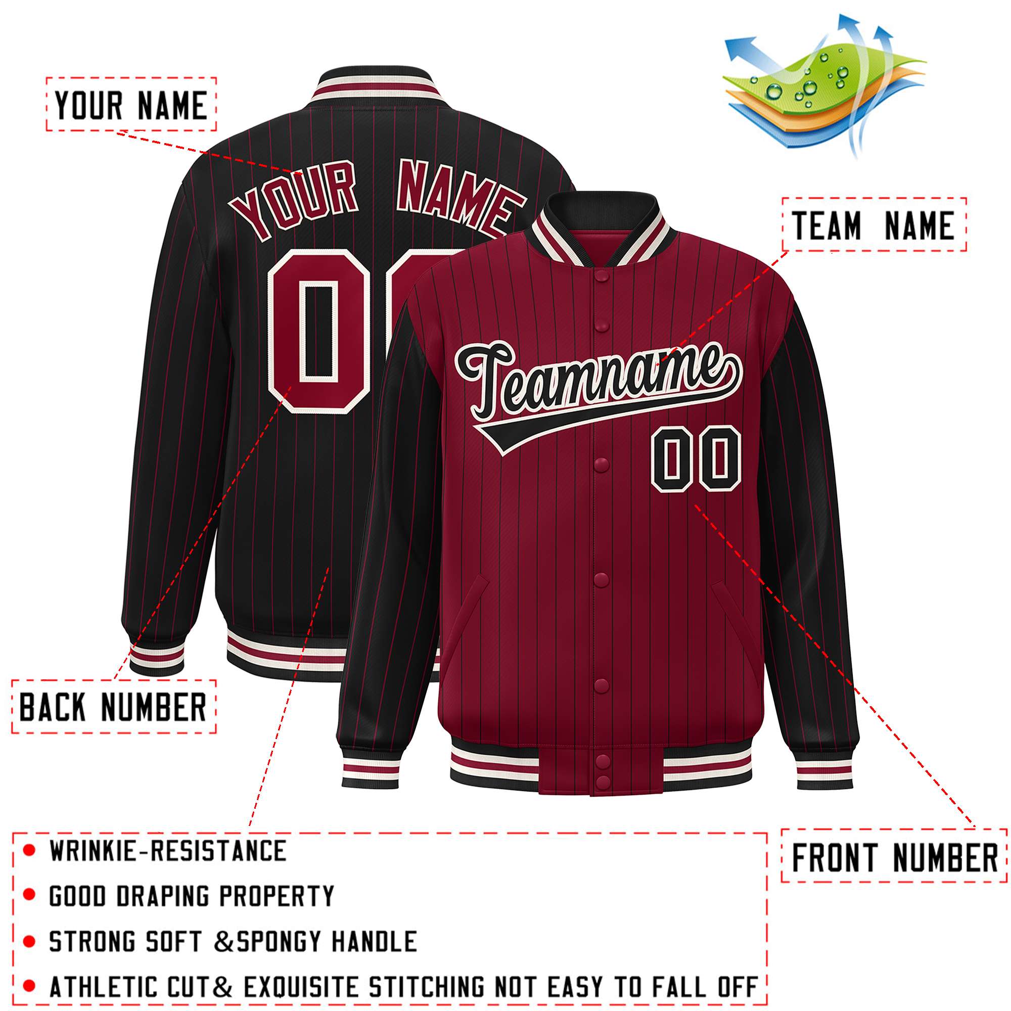 Custom Crimson Black Raglan Sleeves Varsity Full-Snap Pinstripe Letterman Baseball Jacket