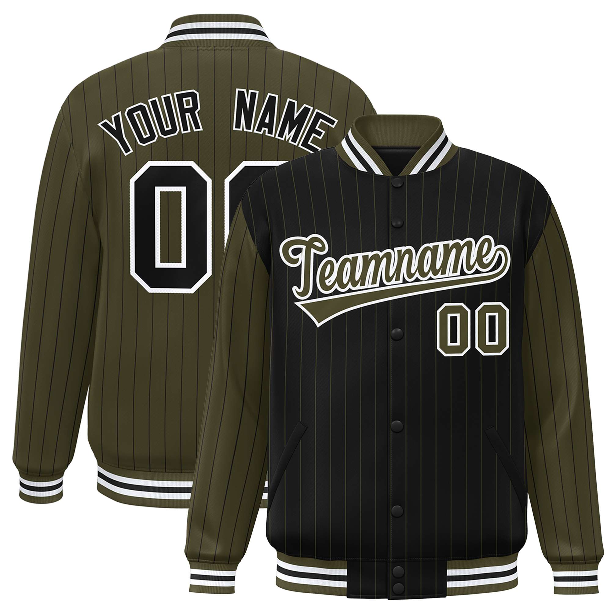 Custom Black Olive Raglan Sleeves Varsity Full-Snap Pinstripe Letterman Baseball Jacket