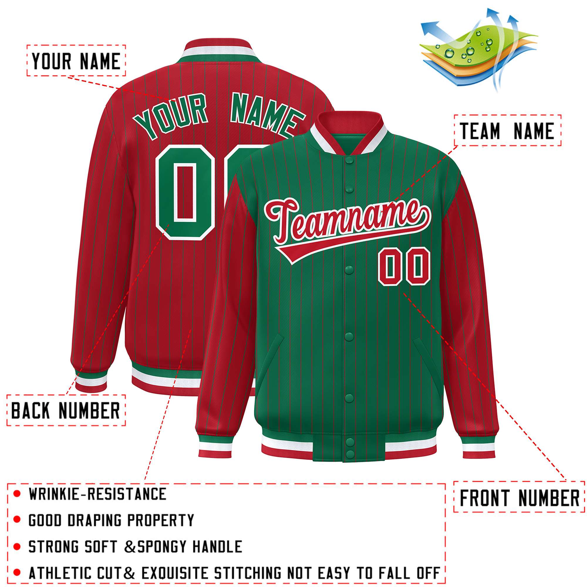 Custom Kelly Green Red Raglan Sleeves Varsity Full-Snap Pinstripe Letterman Baseball Jacket