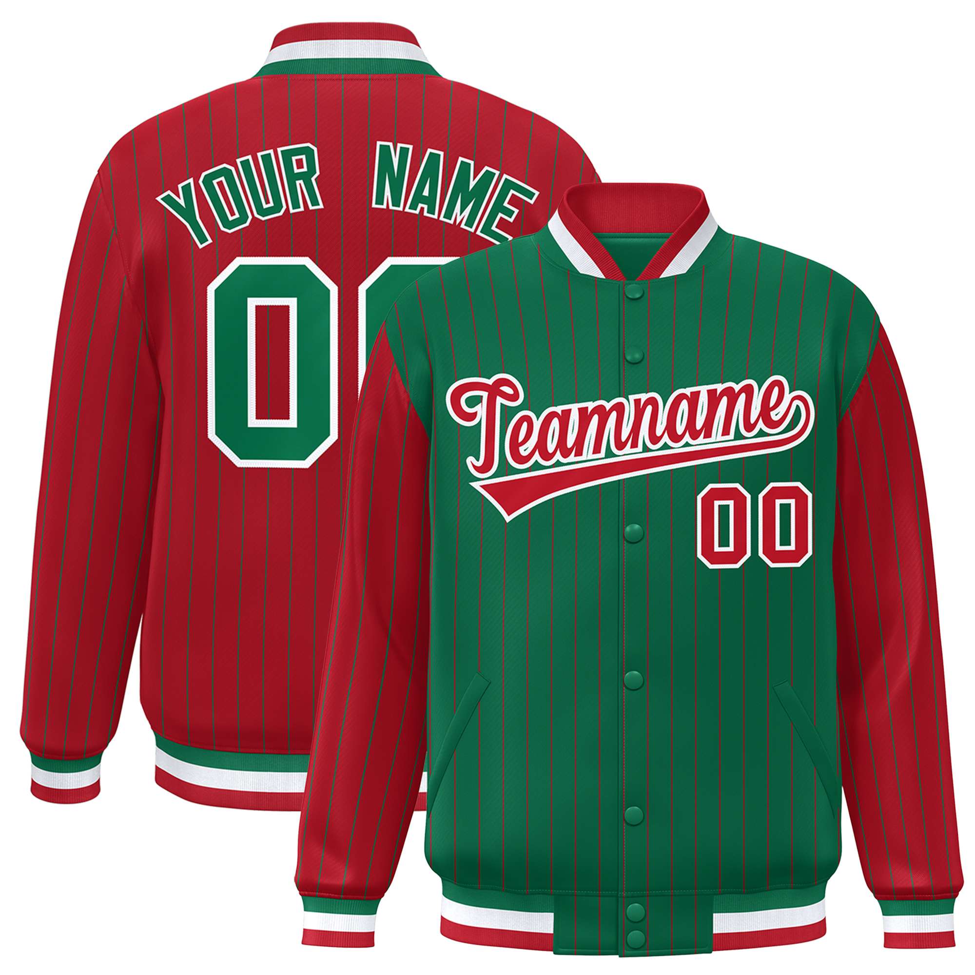 Custom Kelly Green Red Raglan Sleeves Varsity Full-Snap Pinstripe Letterman Baseball Jacket