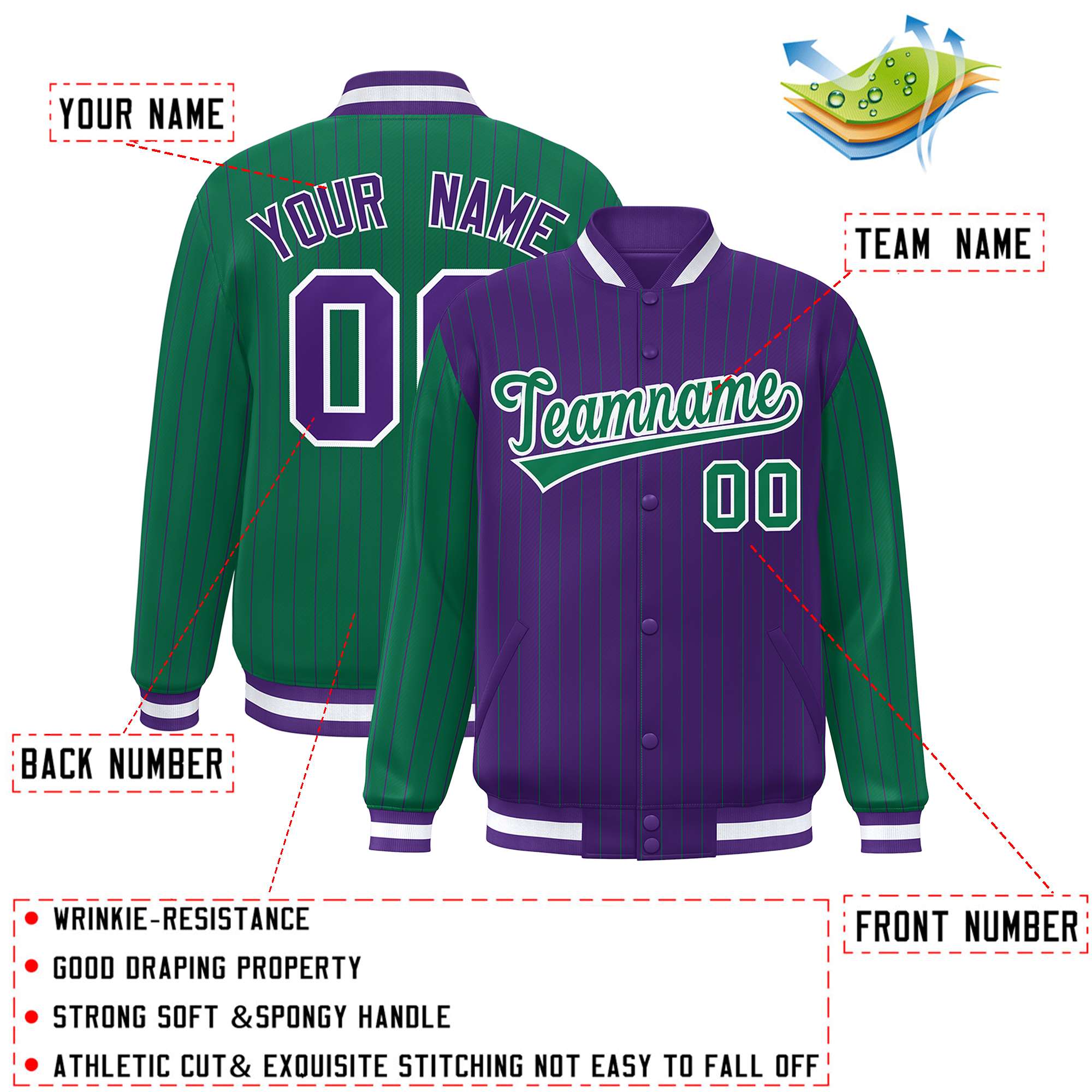 Custom Purple Kelly Green Raglan Sleeves Varsity Full-Snap Pinstripe Letterman Baseball Jacket