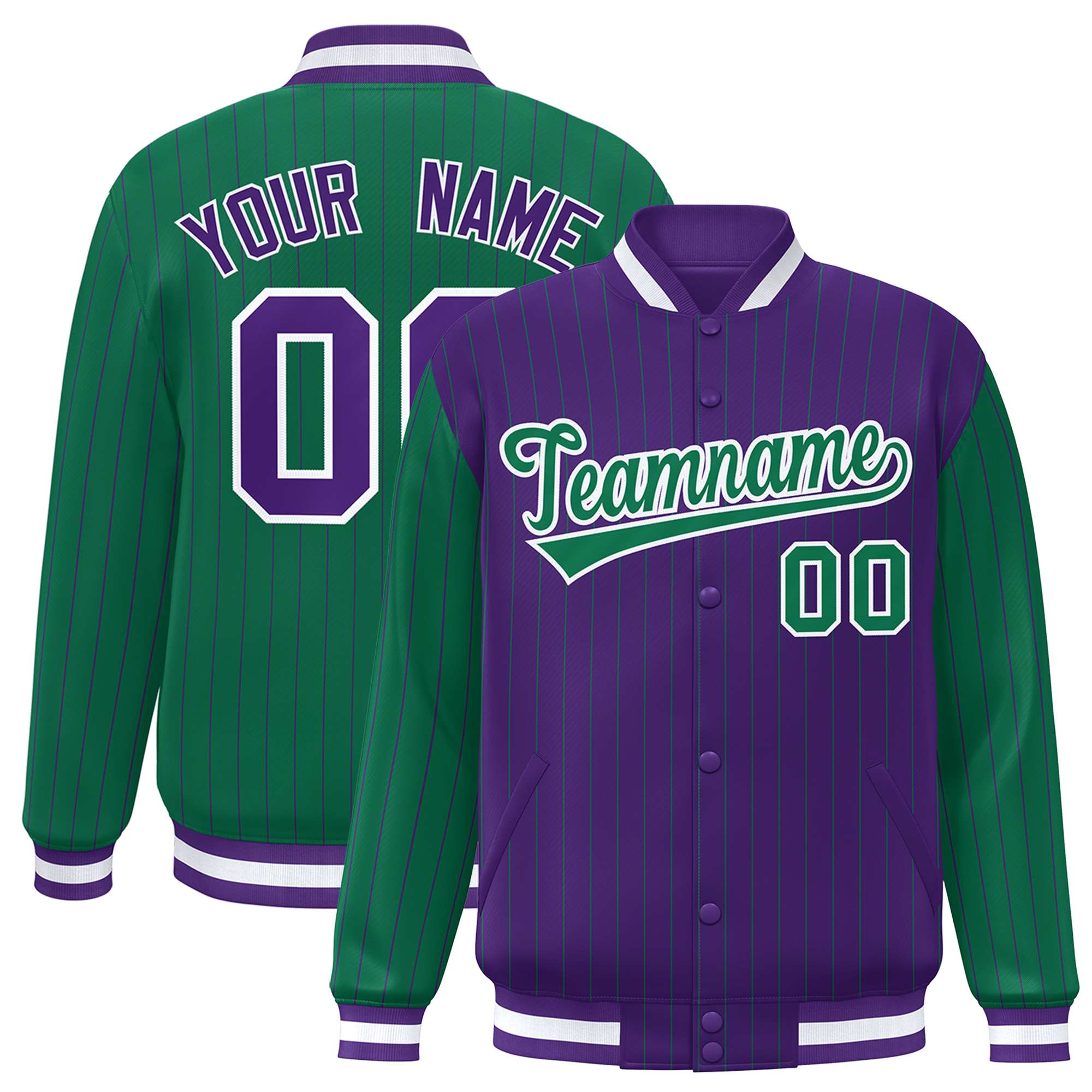 Custom Purple Kelly Green Raglan Sleeves Varsity Full-Snap Pinstripe Letterman Baseball Jacket