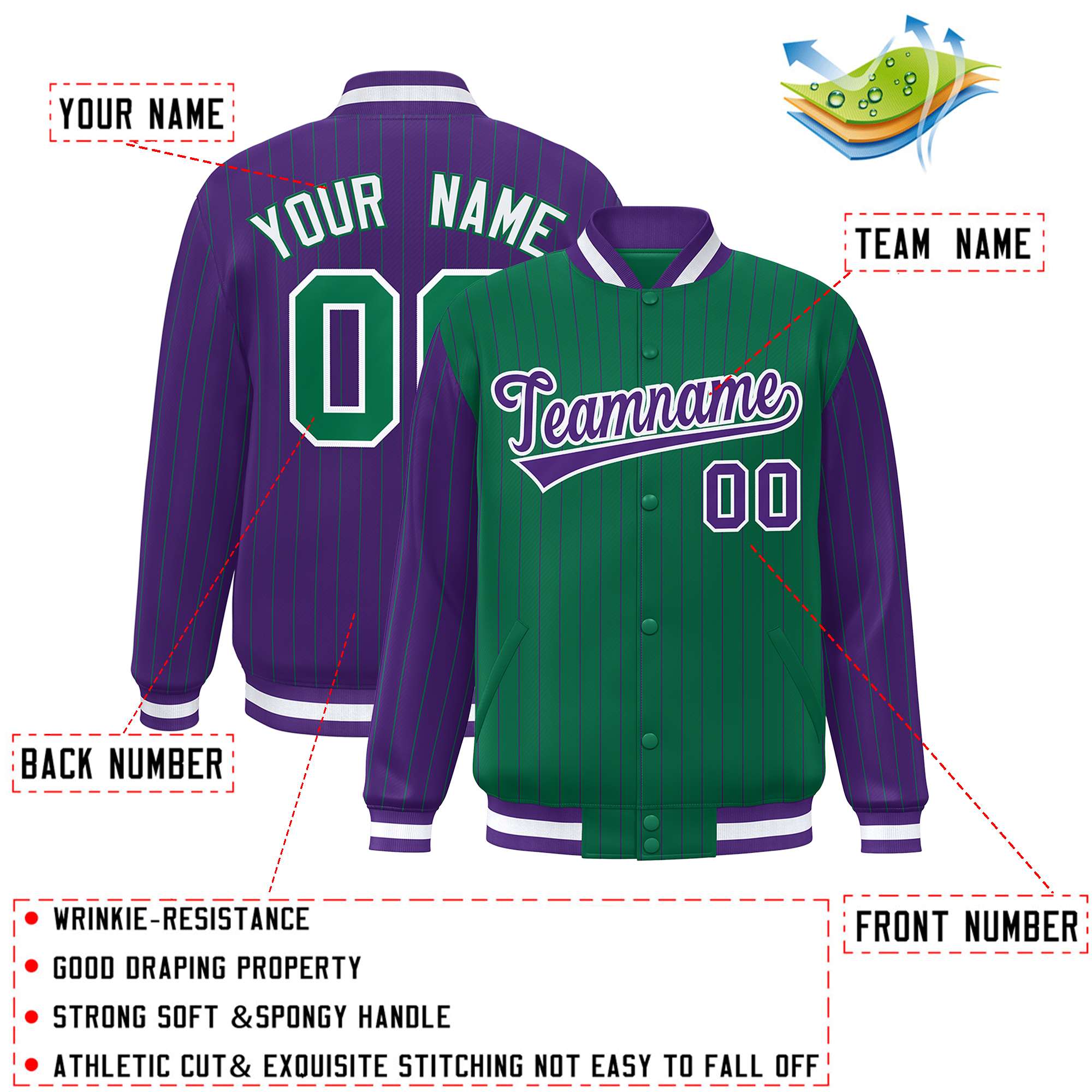 Custom Kelly Green Purple Raglan Sleeves Varsity Full-Snap Pinstripe Letterman Baseball Jacket