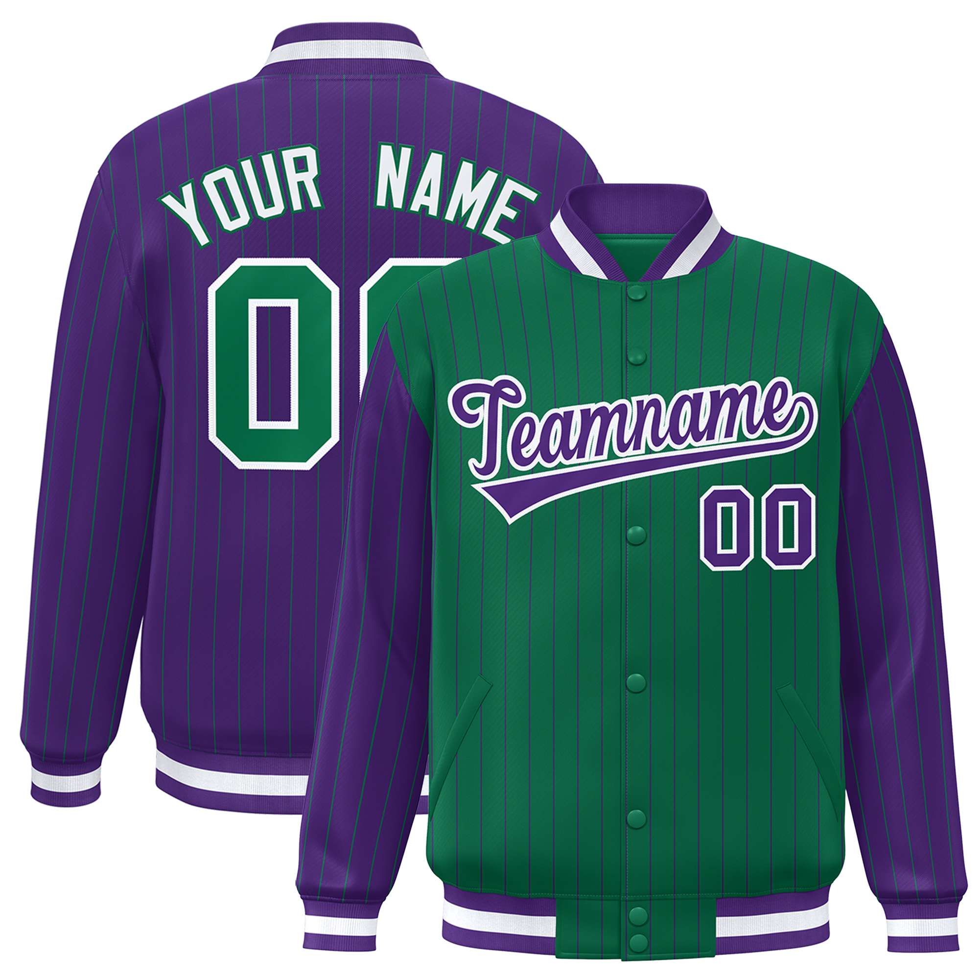 Custom Kelly Green Purple Raglan Sleeves Varsity Full-Snap Pinstripe Letterman Baseball Jacket