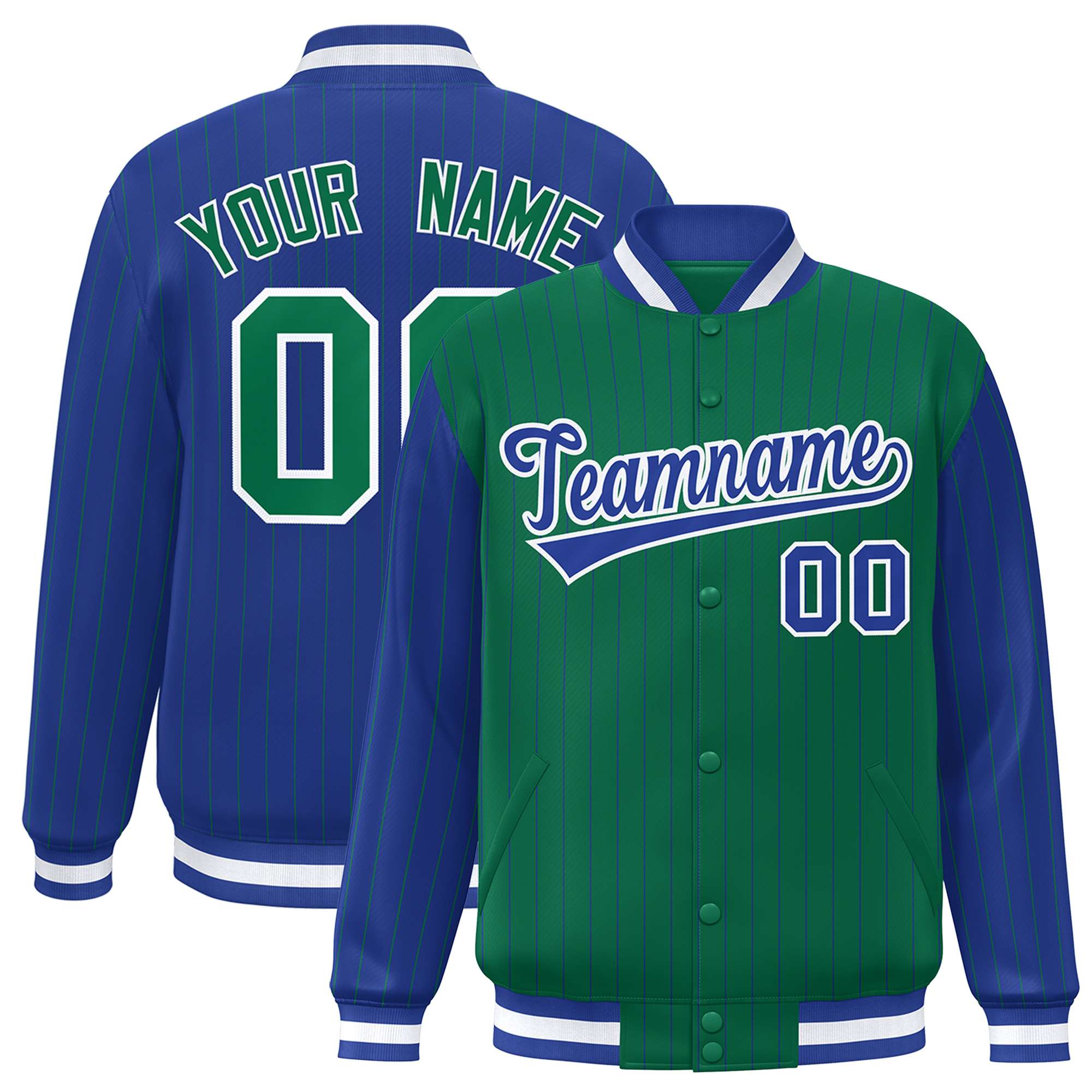 Custom Kelly Green Royal Raglan Sleeves Varsity Full-Snap Pinstripe Letterman Baseball Jacket