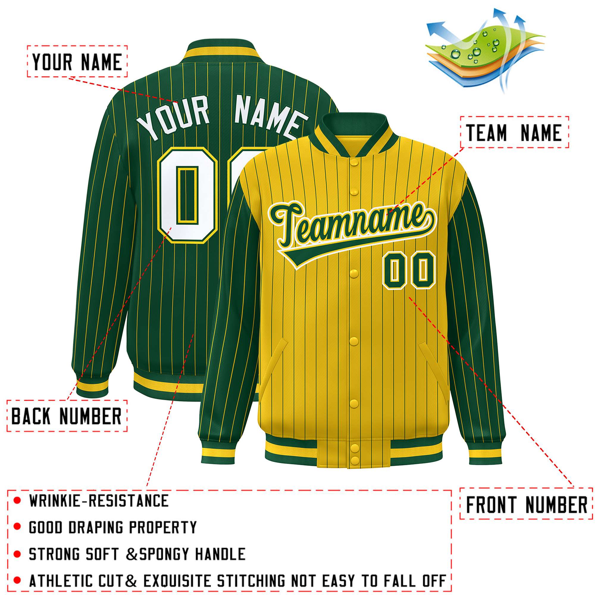 Custom Gold Green Raglan Sleeves Varsity Full-Snap Pinstripe Letterman Baseball Jacket