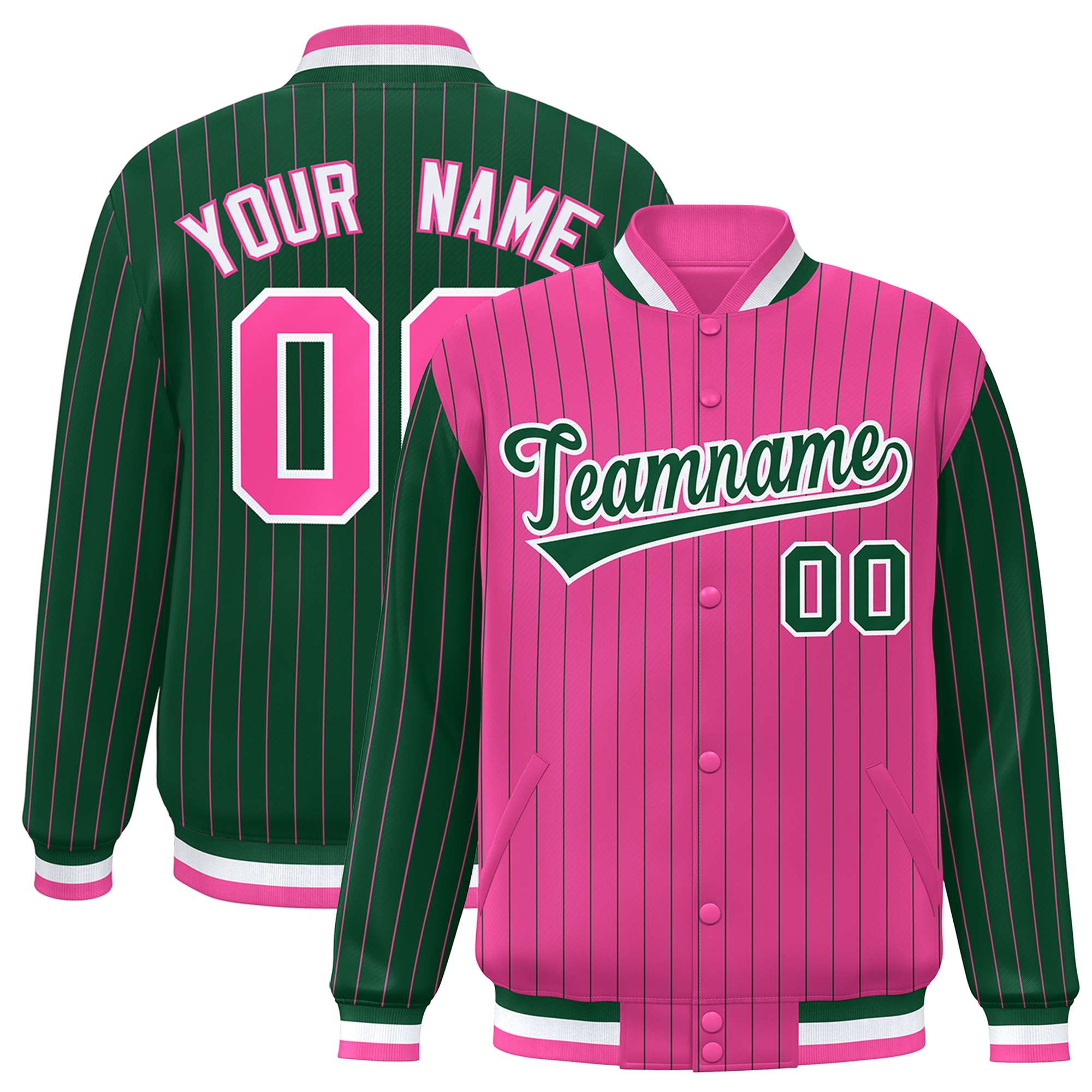 Custom Pink Green Raglan Sleeves Varsity Full-Snap Pinstripe Letterman Baseball Jacket