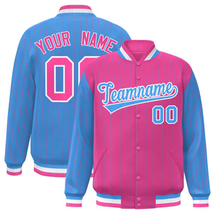 Custom Pink Powder Blue Raglan Sleeves Varsity Full-Snap Pinstripe Letterman Baseball Jacket