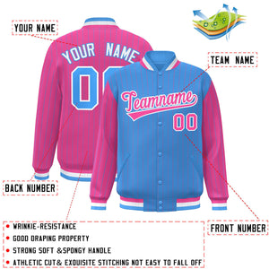 Custom Powder Blue Pink Raglan Sleeves Varsity Full-Snap Pinstripe Letterman Baseball Jacket