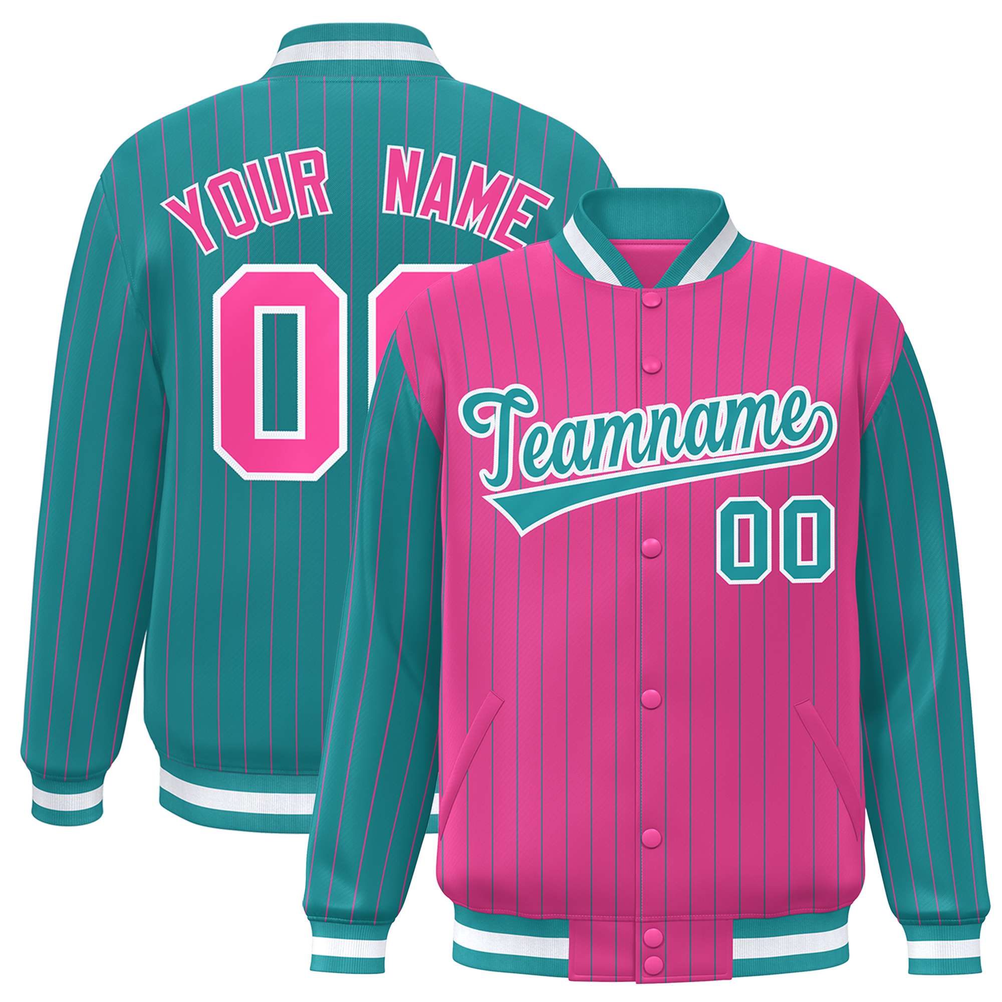 Custom Pink Aqua Raglan Sleeves Varsity Full-Snap Pinstripe Letterman Baseball Jacket