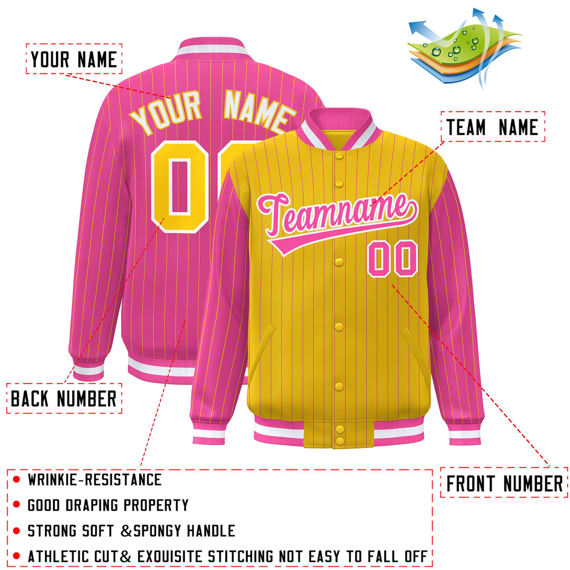 Custom Gold Pink Raglan Sleeves Varsity Full-Snap Pinstripe Letterman Baseball Jacket