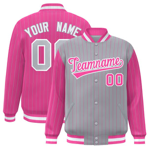 Custom Gray Pink Raglan Sleeves Varsity Full-Snap Pinstripe Letterman Baseball Jacket