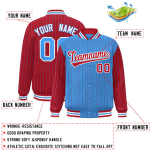 Custom Powder Blue Red Raglan Sleeves Varsity Full-Snap Pinstripe Letterman Baseball Jacket