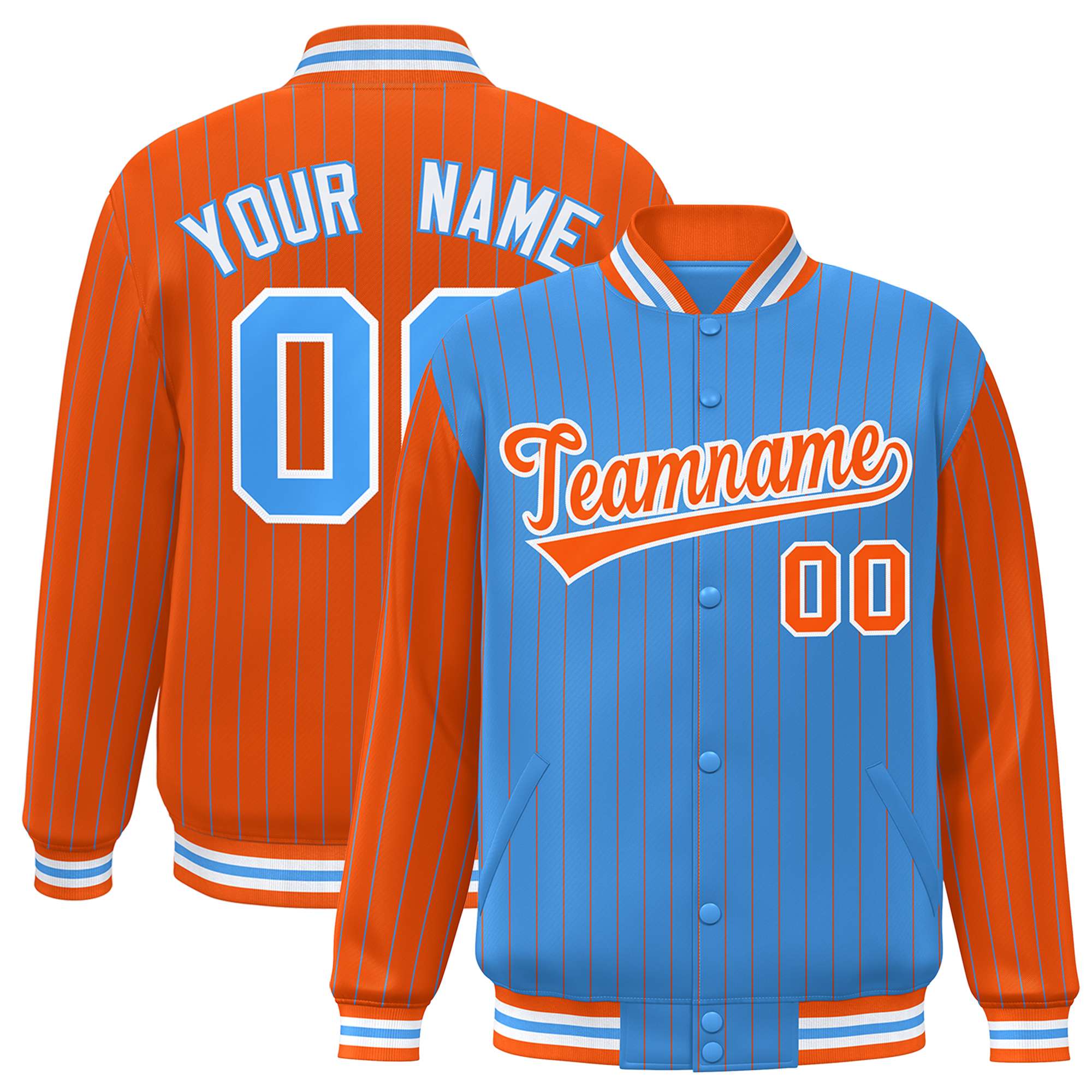 Custom Powder Blue Orange Raglan Sleeves Varsity Full-Snap Pinstripe Letterman Baseball Jacket