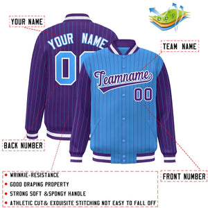 Custom Powder Blue Purple Raglan Sleeves Varsity Full-Snap Pinstripe Letterman Baseball Jacket