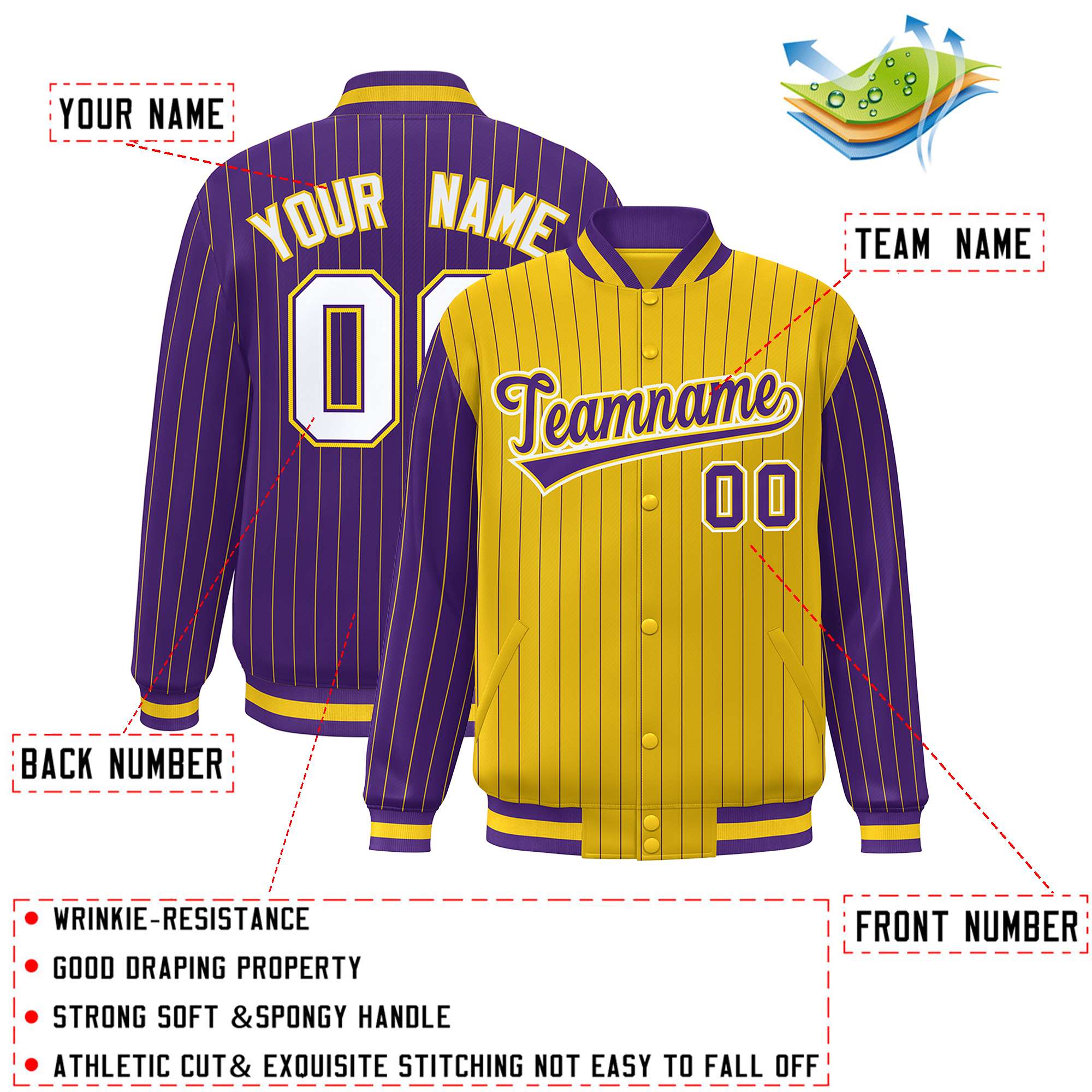 Custom Gold Purple Raglan Sleeves Varsity Full-Snap Pinstripe Letterman Baseball Jacket