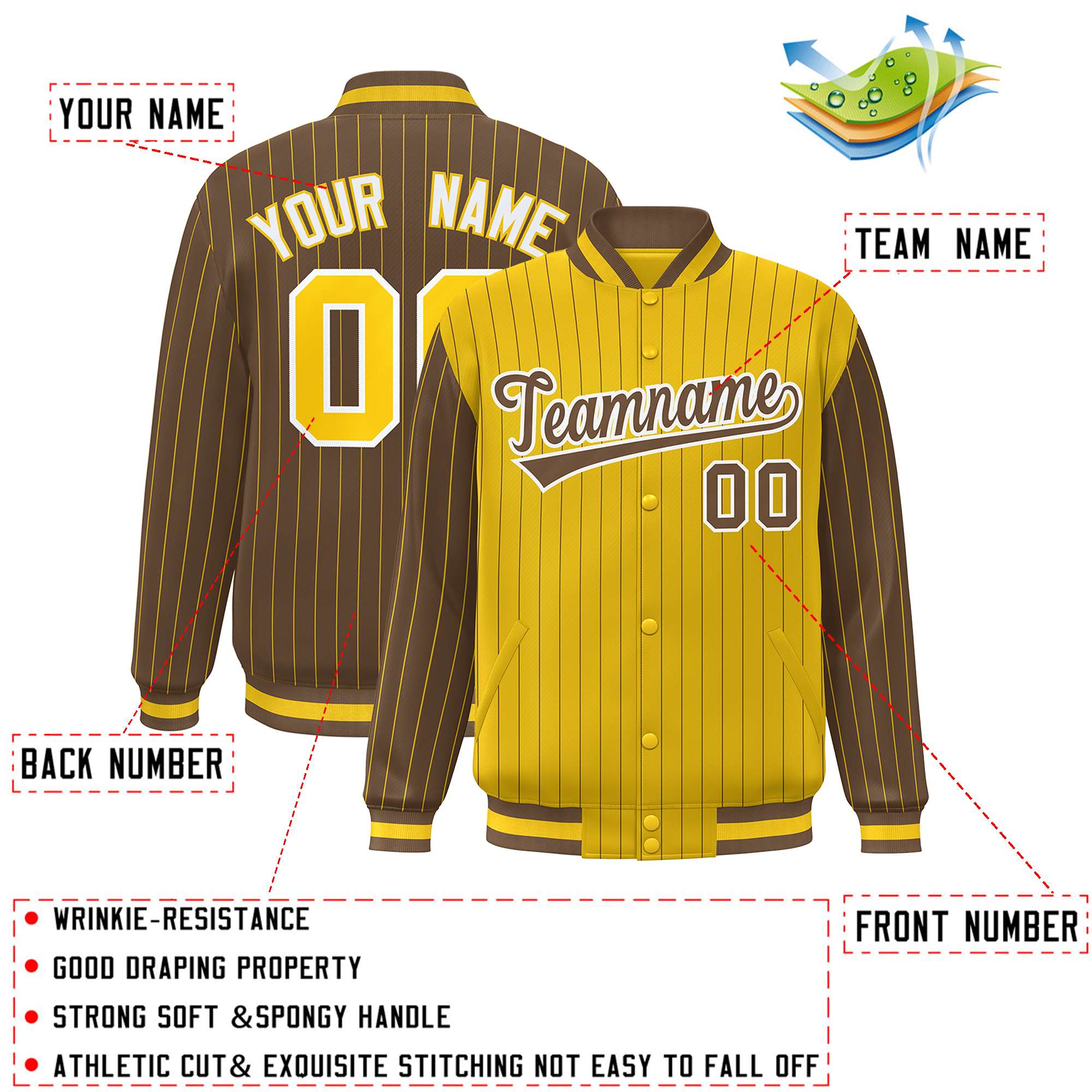 Custom Gold Light Brown Raglan Sleeves Varsity Full-Snap Pinstripe Letterman Baseball Jacket