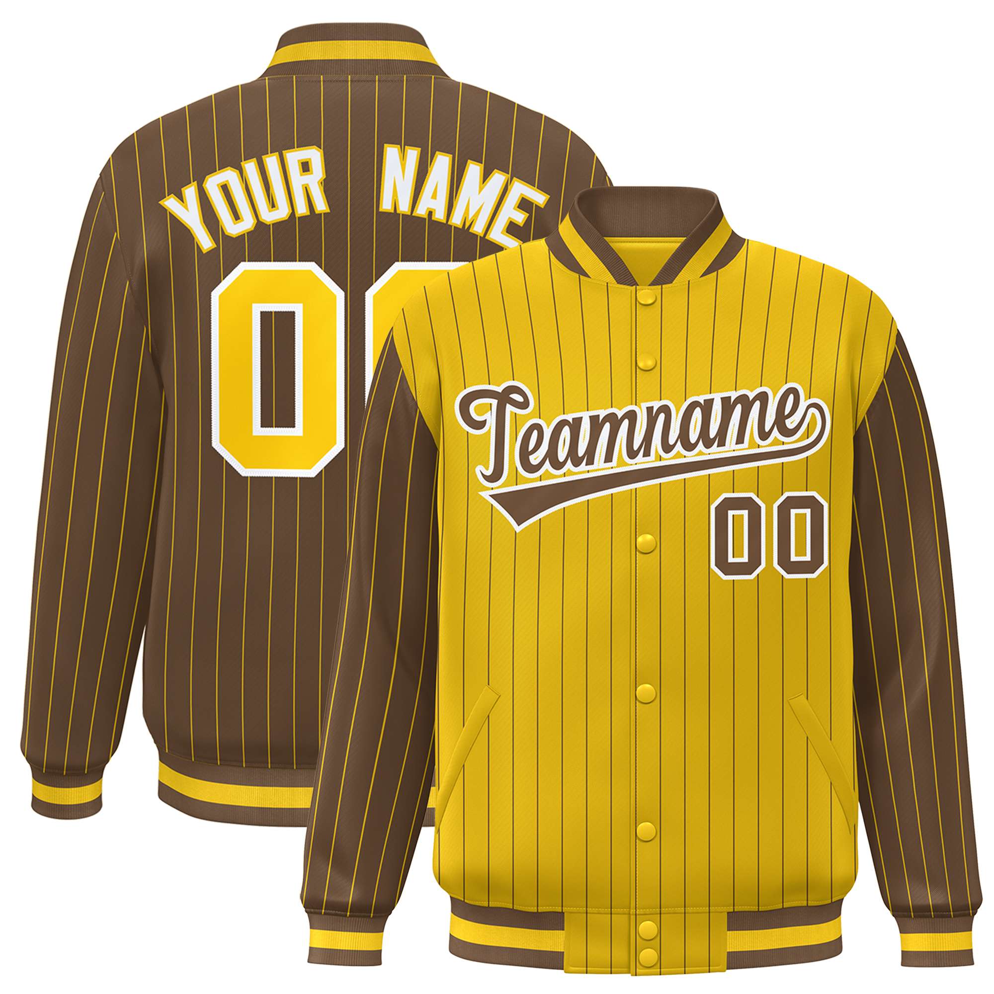 Custom Gold Light Brown Raglan Sleeves Varsity Full-Snap Pinstripe Letterman Baseball Jacket