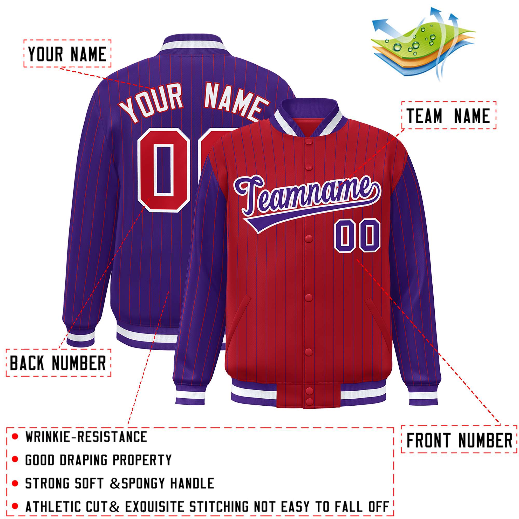 Custom Red Purple Raglan Sleeves Varsity Full-Snap Pinstripe Letterman Baseball Jacket