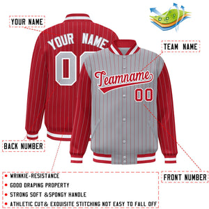 Custom Gray Red Raglan Sleeves Varsity Full-Snap Pinstripe Letterman Baseball Jacket