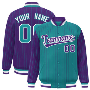 Custom Aqua Purple Raglan Sleeves Varsity Full-Snap Pinstripe Letterman Baseball Jacket