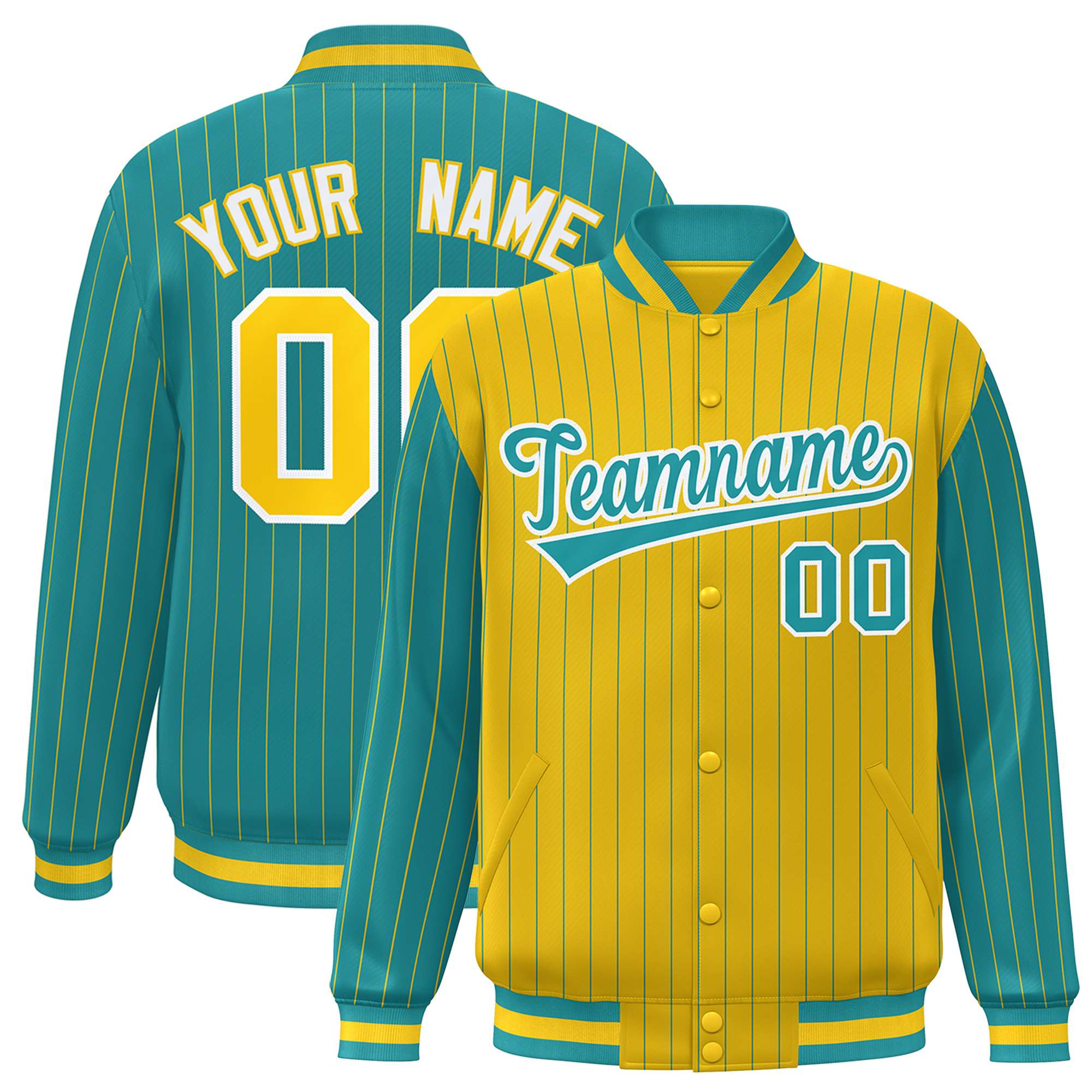 Custom Gold Aqua Raglan Sleeves Varsity Full-Snap Pinstripe Letterman Baseball Jacket