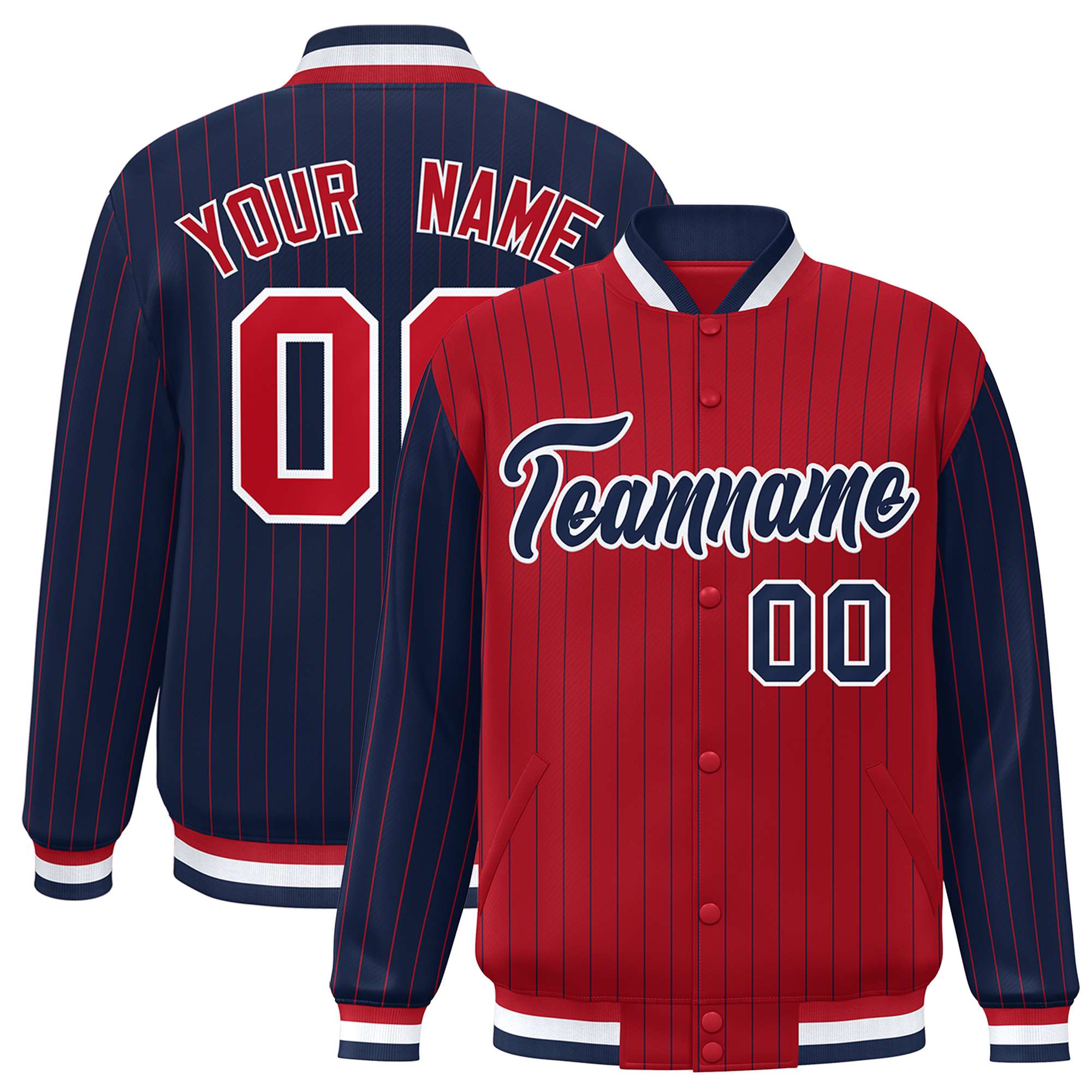 Custom Red Navy Raglan Sleeves Varsity Full-Snap Pinstripe Letterman Baseball Jacket