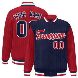 Custom Navy Red Raglan Sleeves Varsity Full-Snap Pinstripe Letterman Baseball Jacket