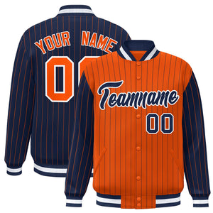 Custom Orange Navy Raglan Sleeves Varsity Full-Snap Pinstripe Letterman Baseball Jacket