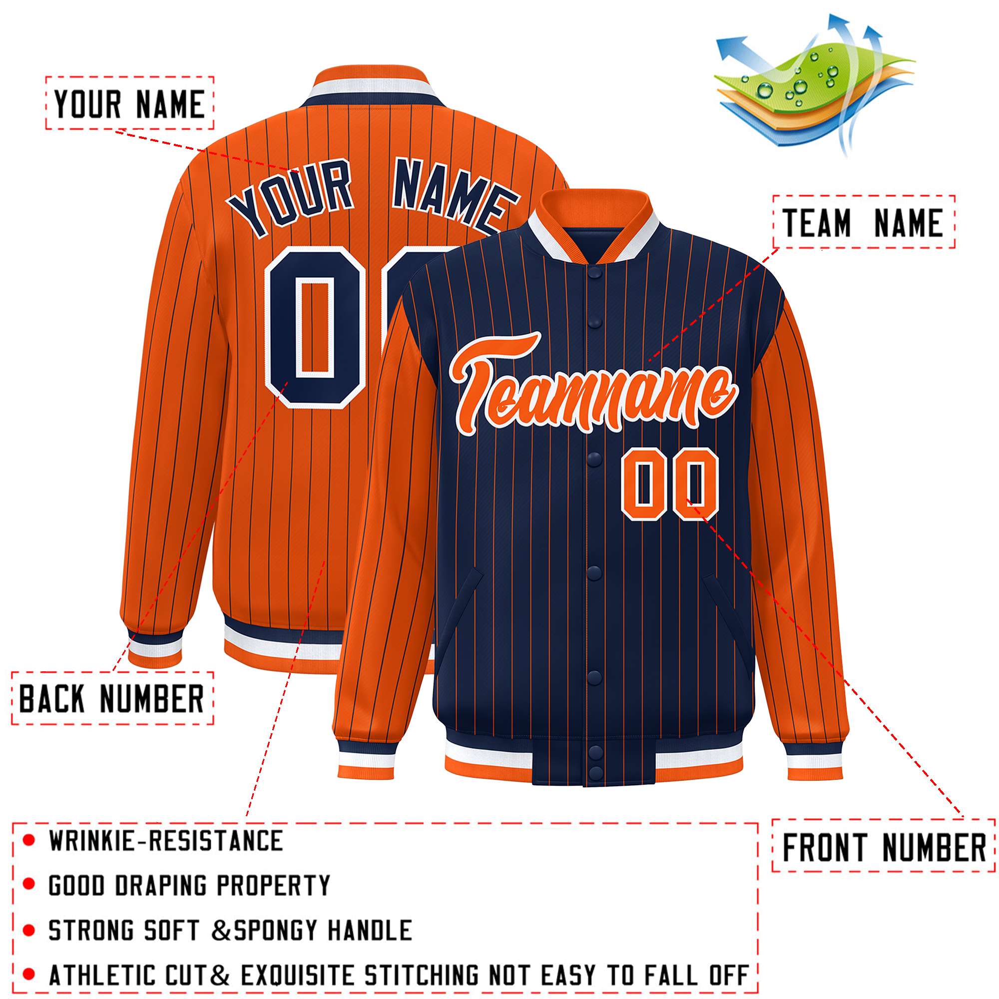 Custom Navy Orange Raglan Sleeves Varsity Full-Snap Pinstripe Letterman Baseball Jacket