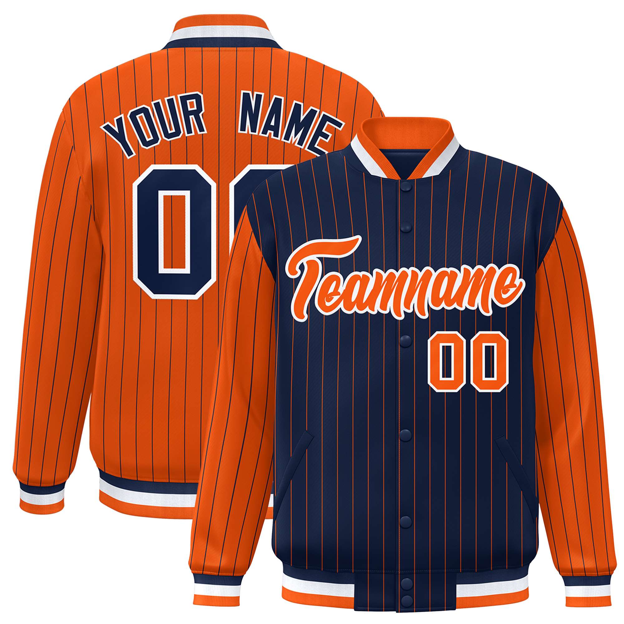 Custom Navy Orange Raglan Sleeves Varsity Full-Snap Pinstripe Letterman Baseball Jacket