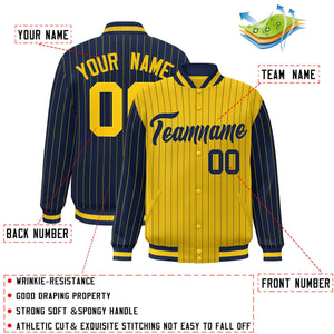 Custom Gold Navy Raglan Sleeves Varsity Full-Snap Pinstripe Letterman Baseball Jacket