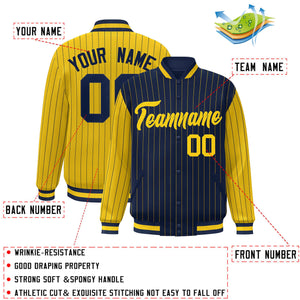 Custom Navy Gold Raglan Sleeves Varsity Full-Snap Pinstripe Letterman Baseball Jacket