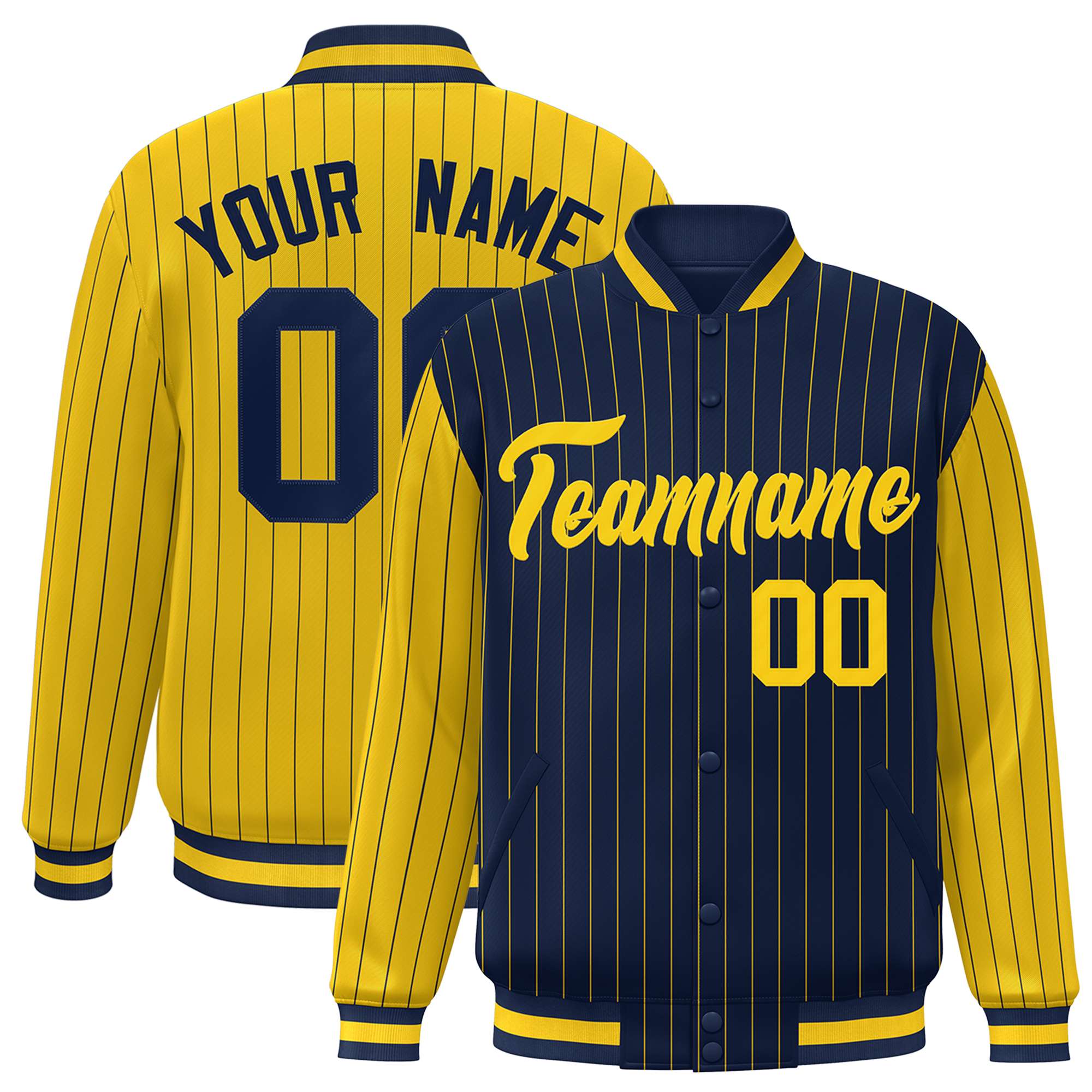 Custom Navy Gold Raglan Sleeves Varsity Full-Snap Pinstripe Letterman Baseball Jacket